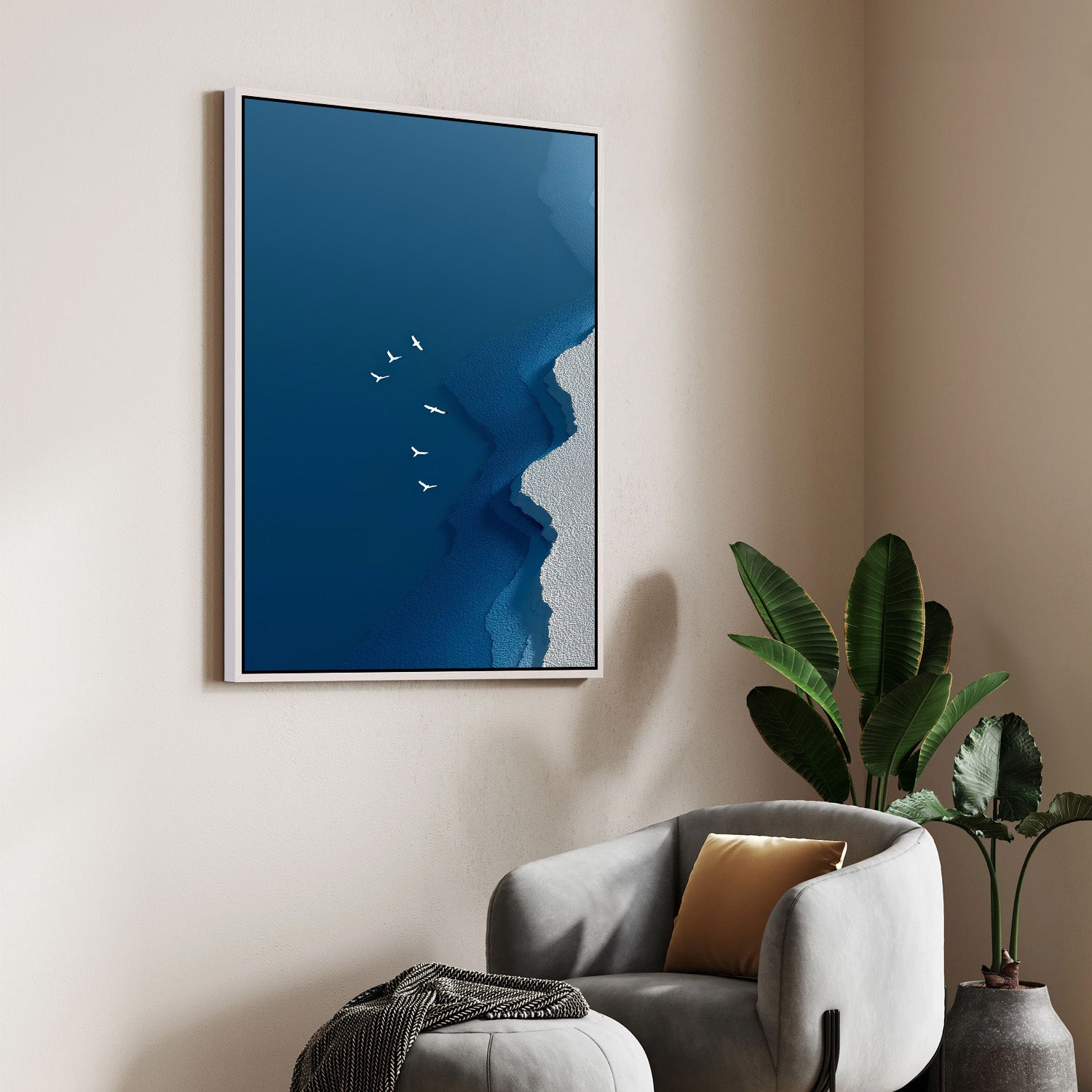 Blue Coastal Birds Abstract Artwork Canvas
