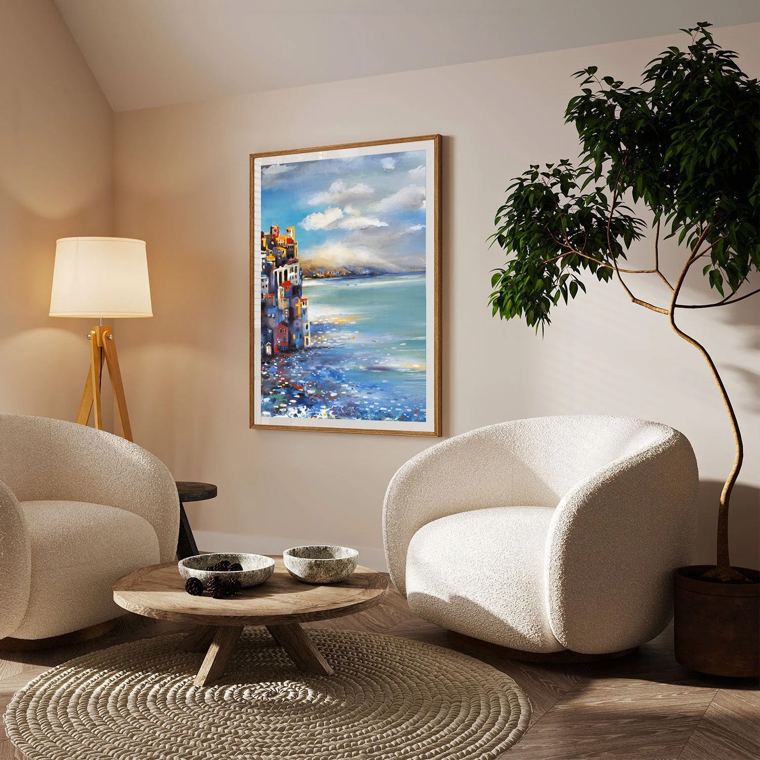 Harbor Reflections, Coastal Cityscape Canvas Painting
