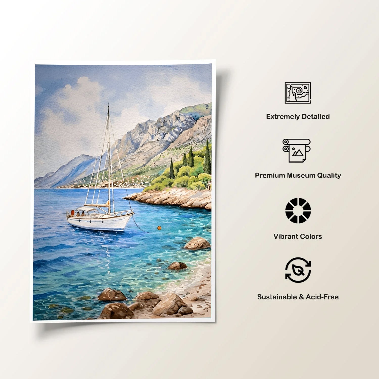 Anchored Stillness, Mediterranean Coastal Canvas Painting