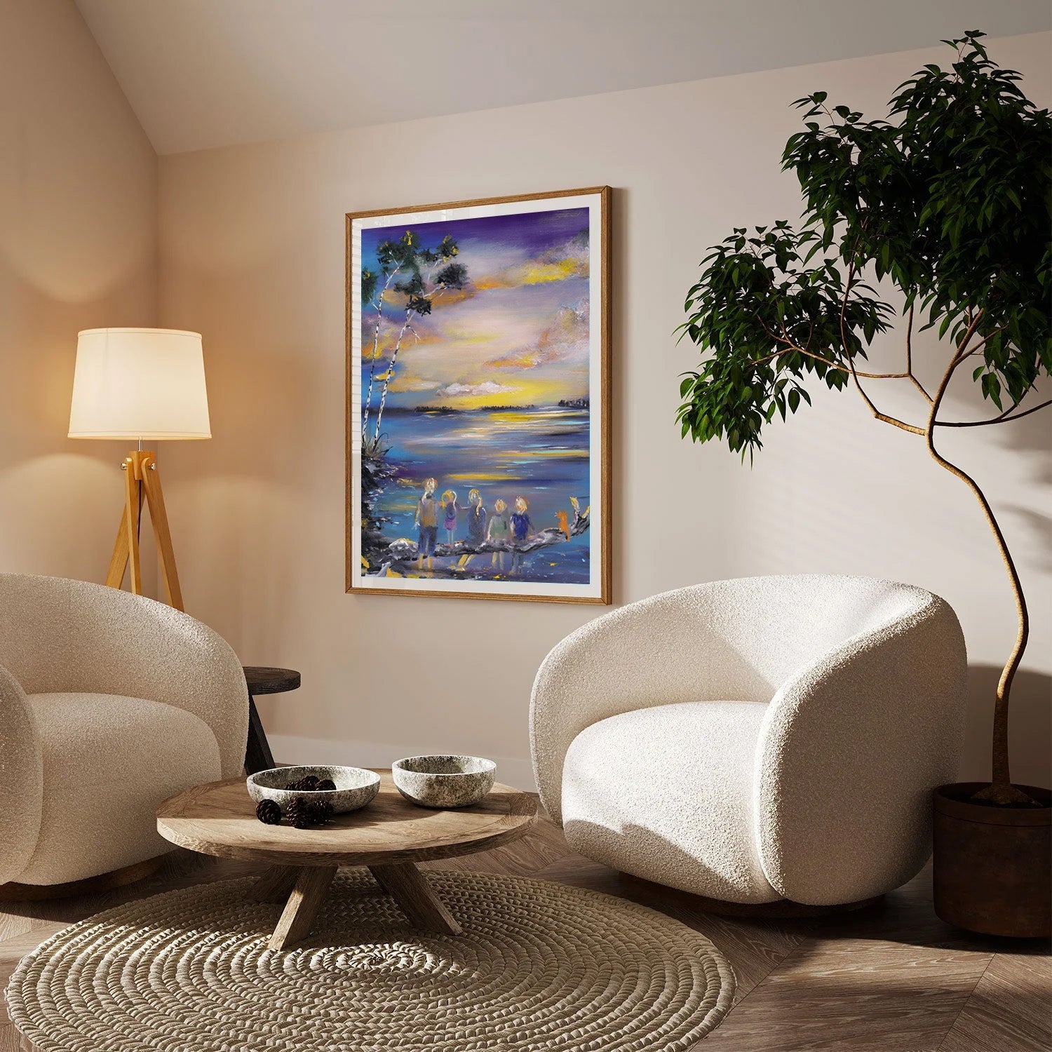 Shared Stillness, Twilight Lakeside Dream Canvas Painting