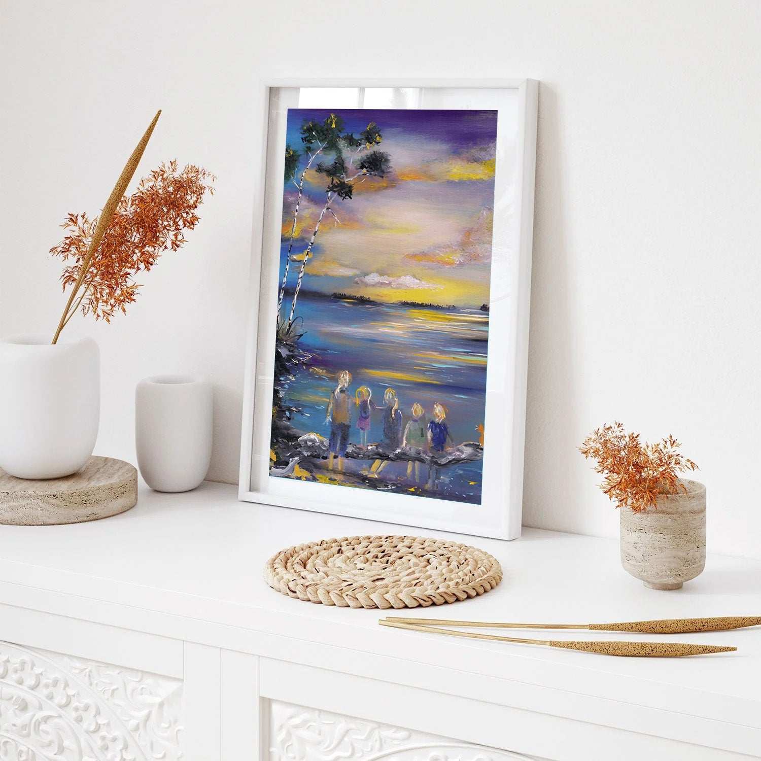 Shared Stillness, Twilight Lakeside Dream Canvas Painting