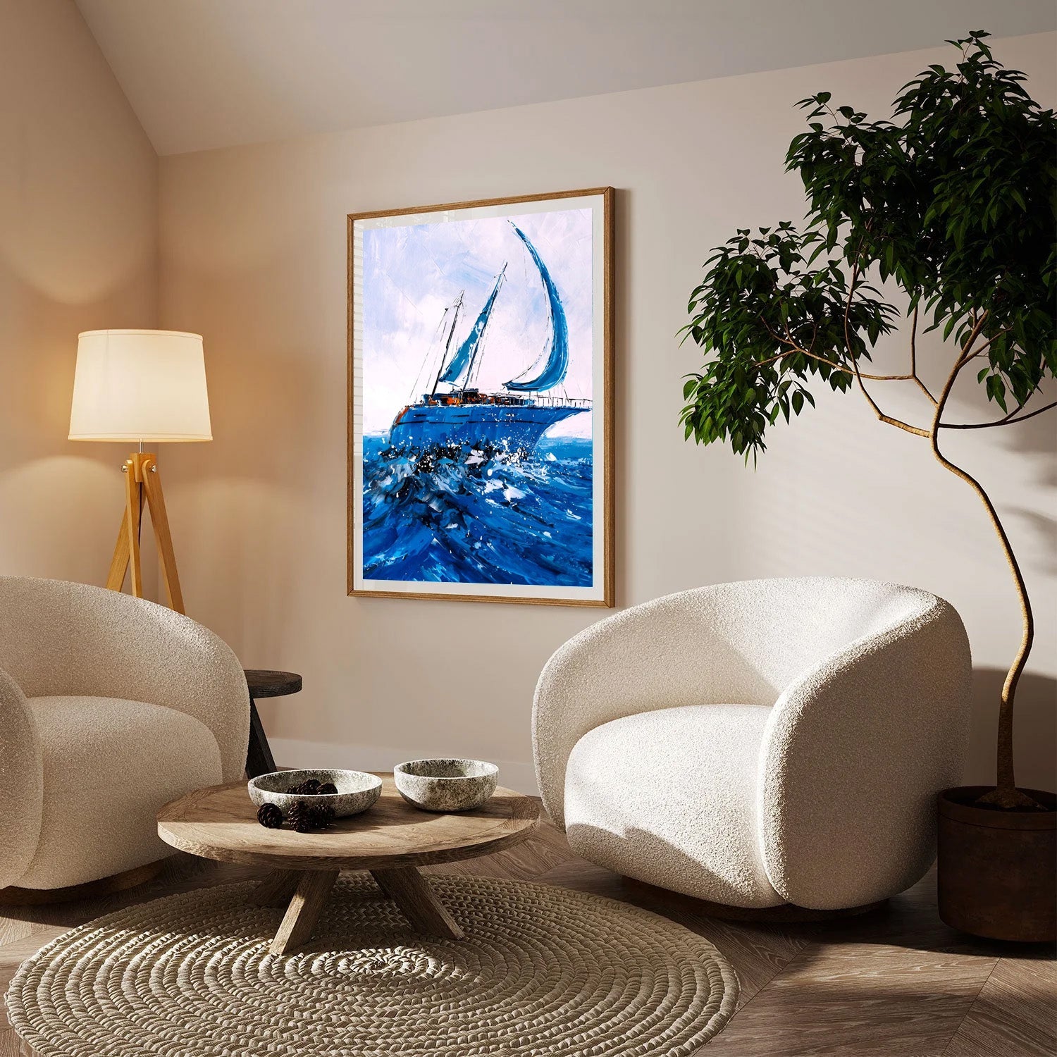 Blue Horizon Voyage, Expressive Sailboat Canvas Painting