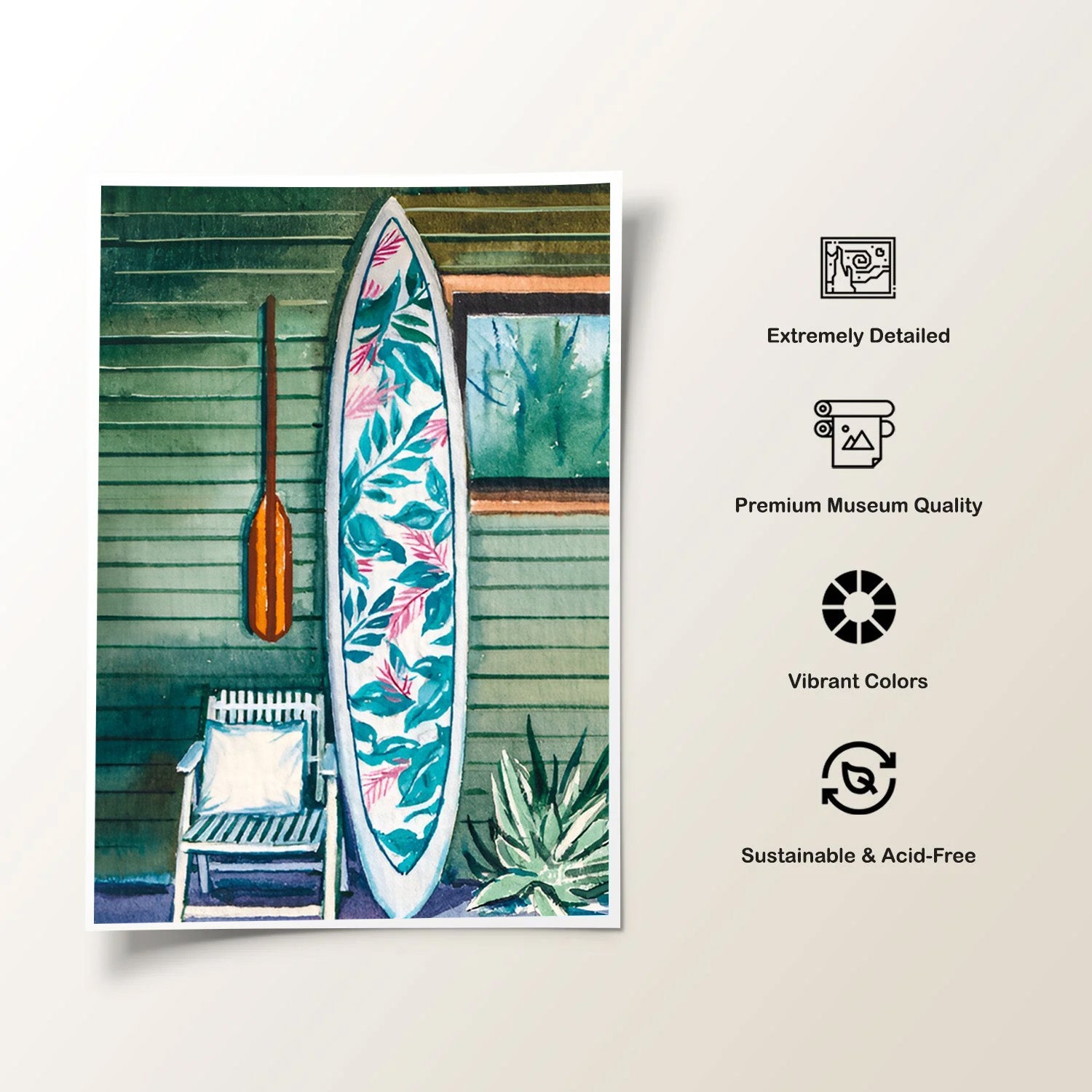 Tropical Rest, Coastal Surfboard Watercolor Art