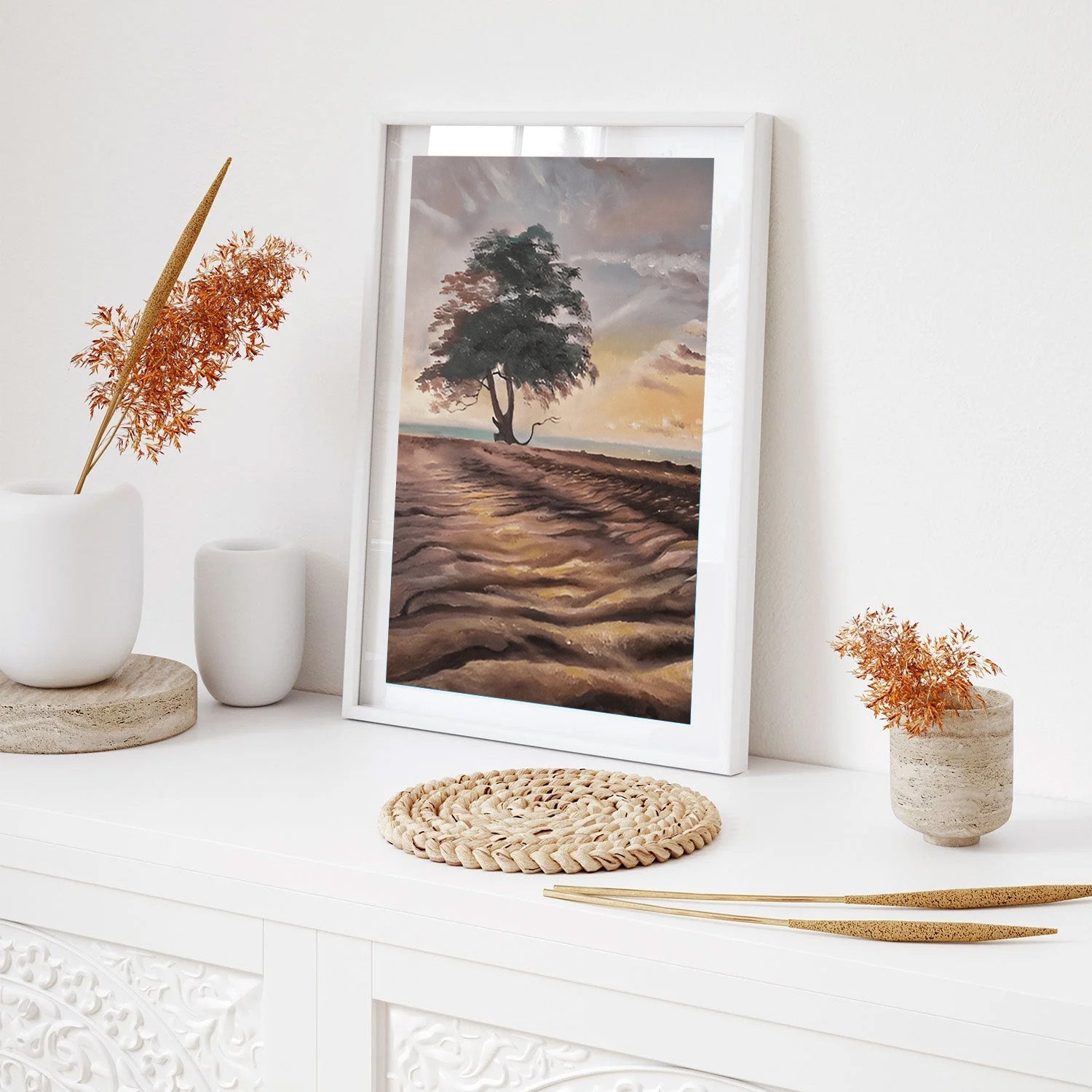 Solitary Shore, Golden Dusk Landscape Painting