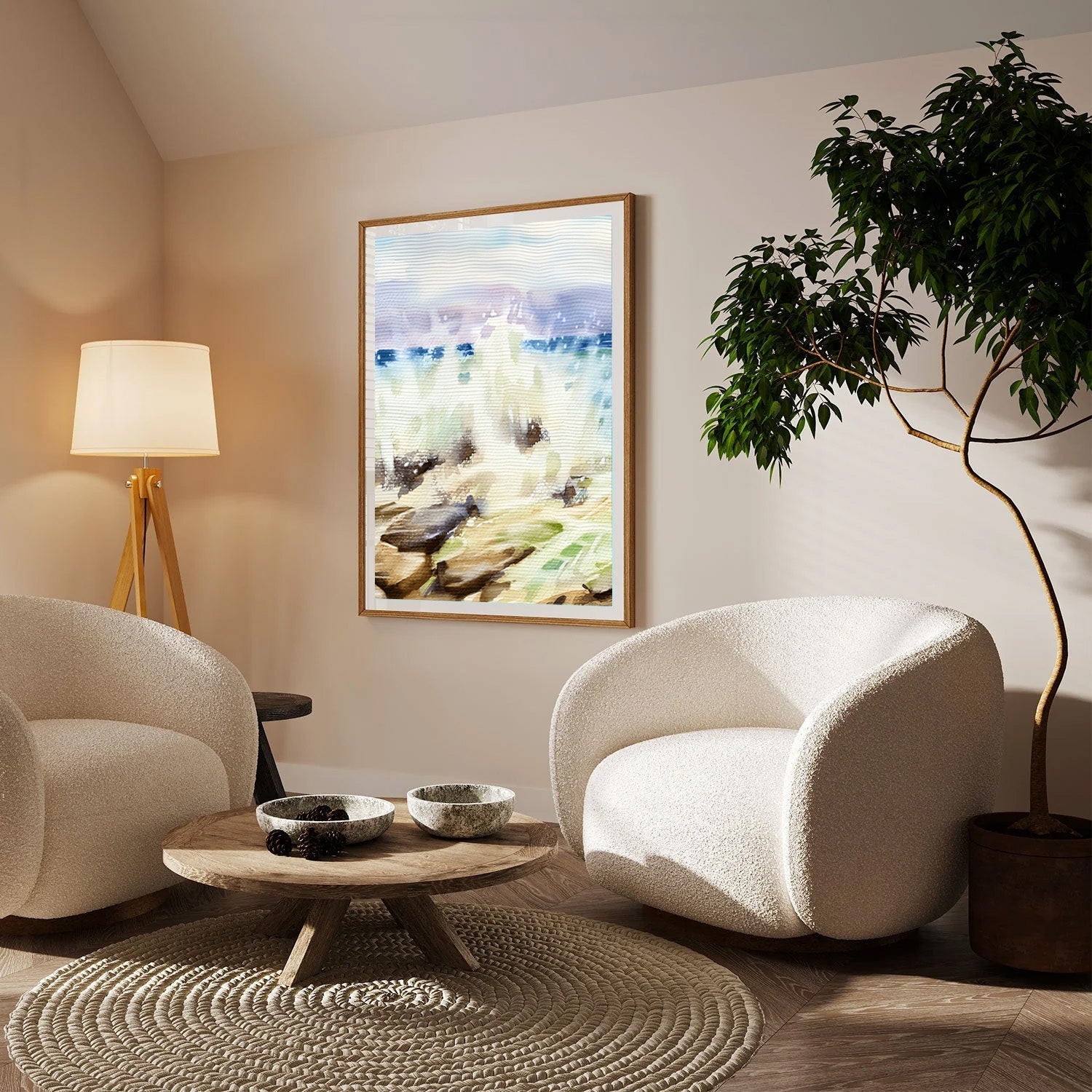 Misty Shoreline, Abstract Coastal Canvas Painting