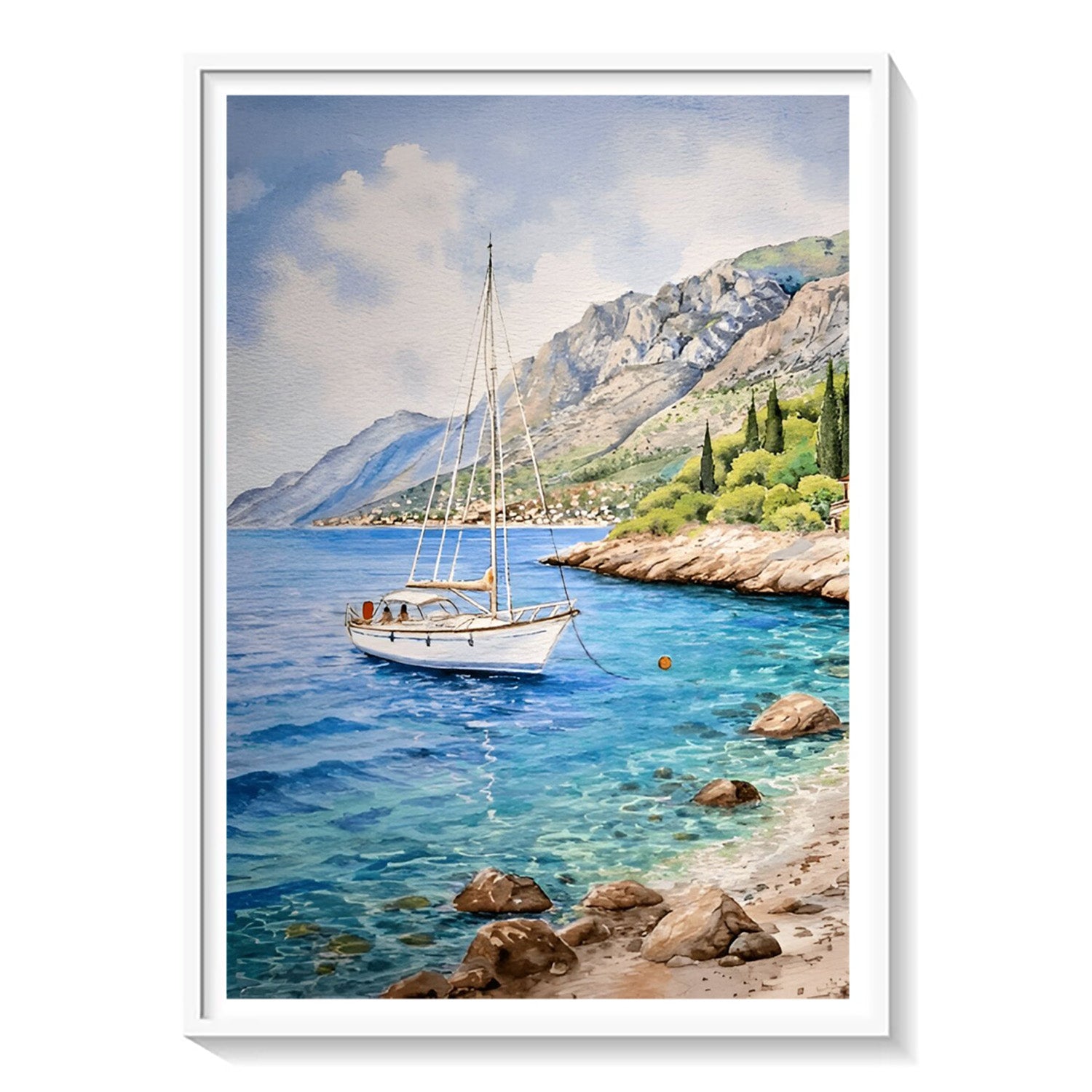 Anchored Stillness, Mediterranean Coastal Canvas Painting