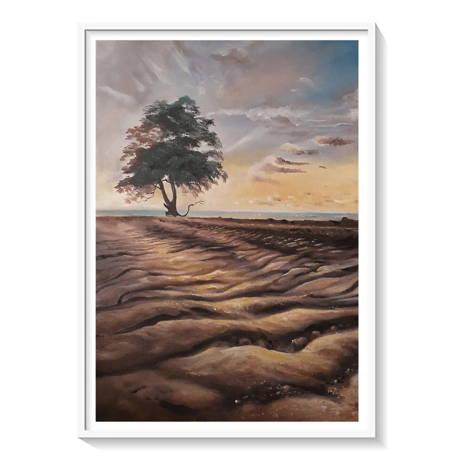 Solitary Shore, Golden Dusk Landscape Painting