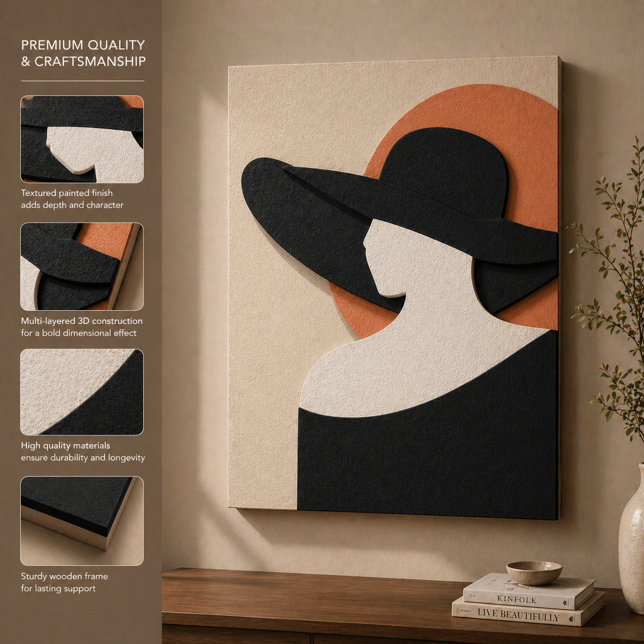 Lady in Black Hat | Modern 3D Wall Decor for Living Room
