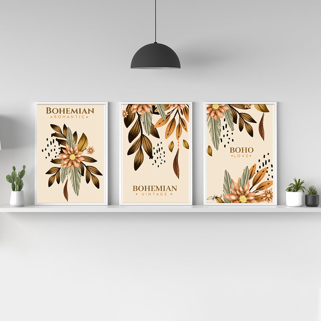 Bohemian Romance Black & White Wall Art – 3 Piece Botanical Collection