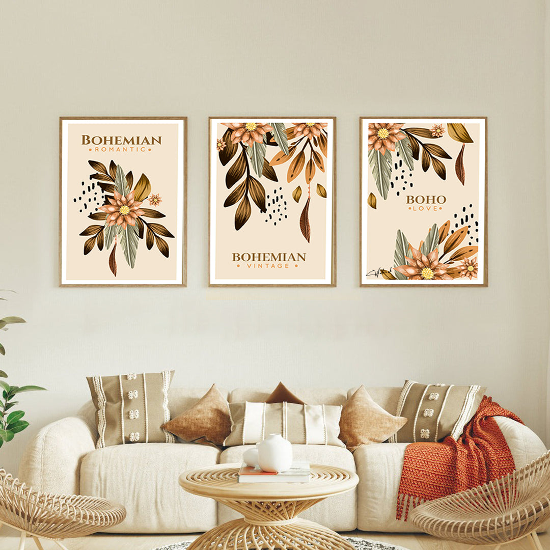 Bohemian Romance Black & White Wall Art – 3 Piece Botanical Collection