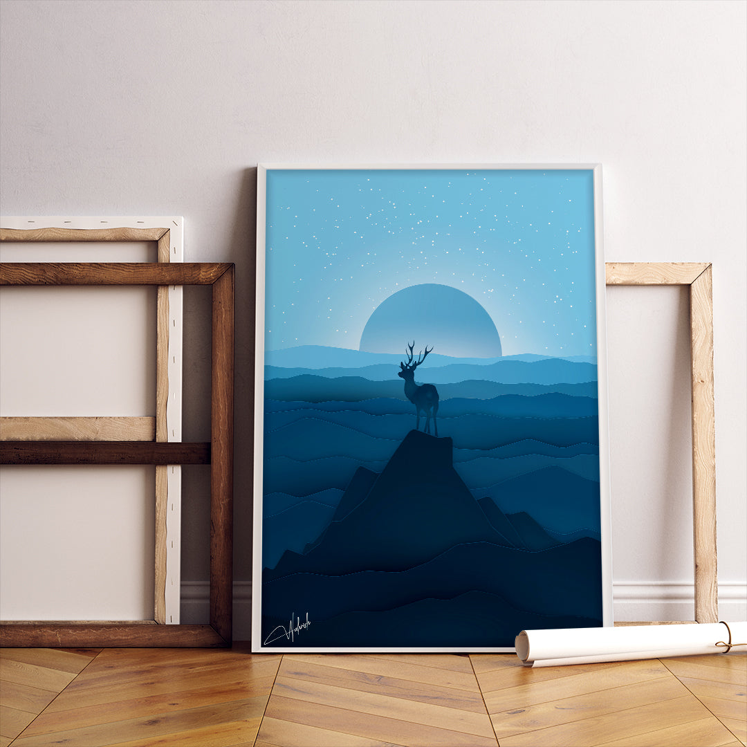 Celestial Silence – Blue Mountain Stag Landscape Wall Art