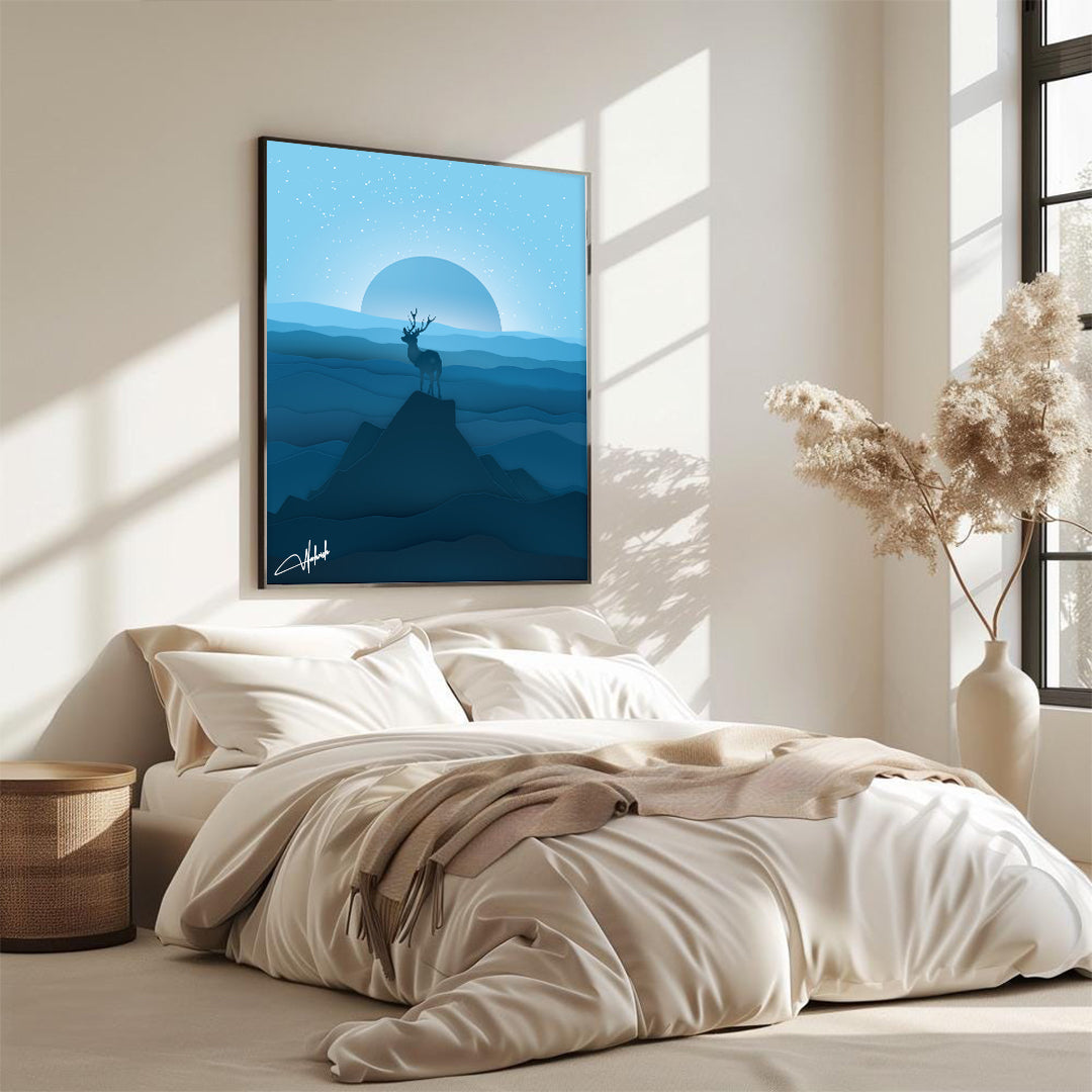 Celestial Silence – Blue Mountain Stag Landscape Wall Art
