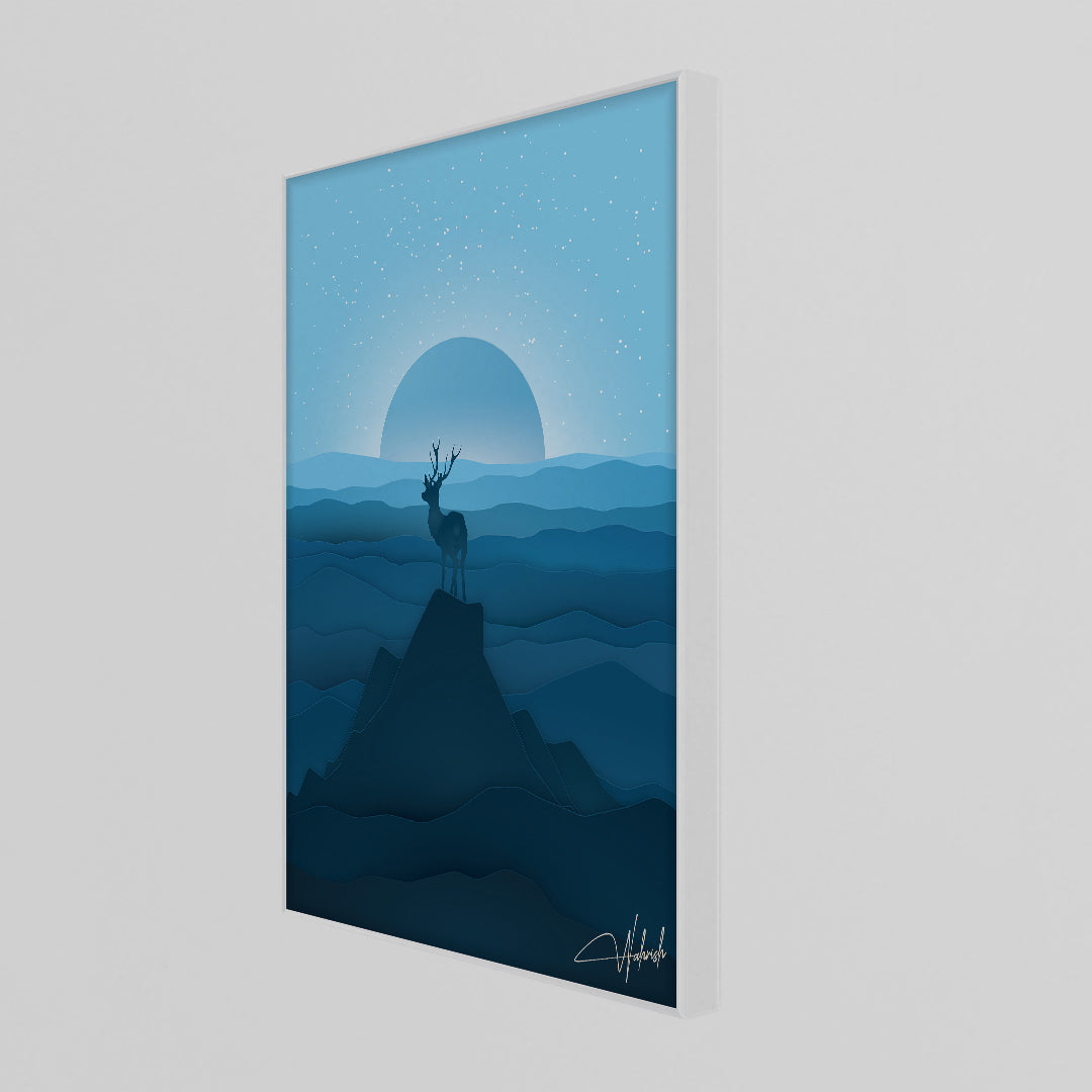 Celestial Silence – Blue Mountain Stag Landscape Wall Art