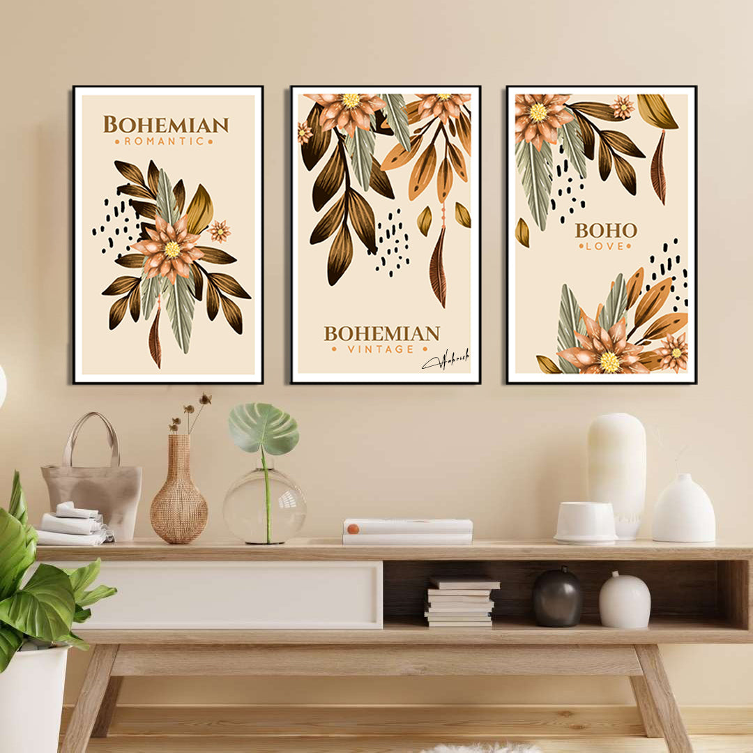 Bohemian Romance Black & White Wall Art – 3 Piece Botanical Collection