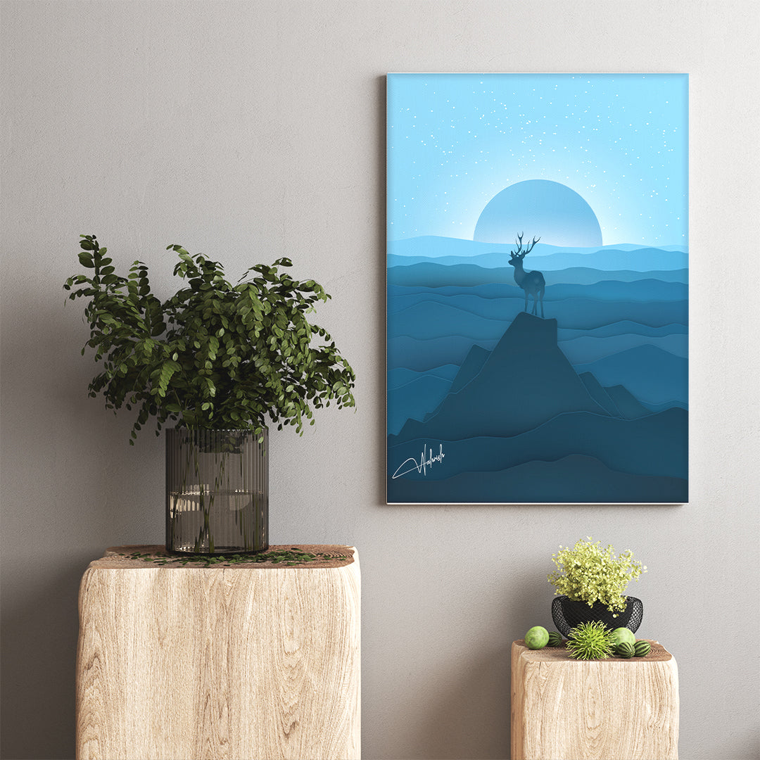 Celestial Silence – Blue Mountain Stag Landscape Wall Art