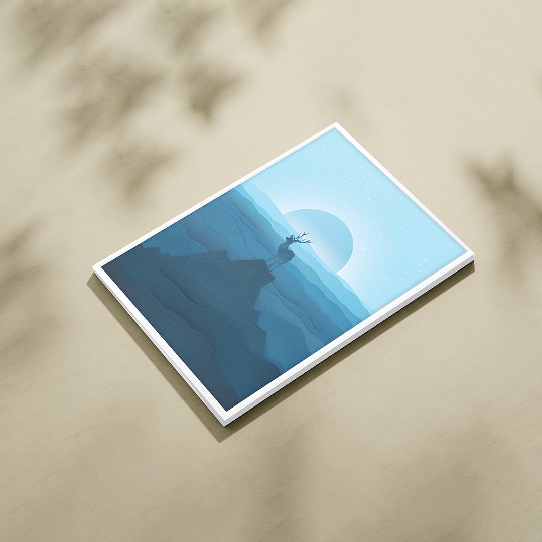 Celestial Silence – Blue Mountain Stag Landscape Wall Art