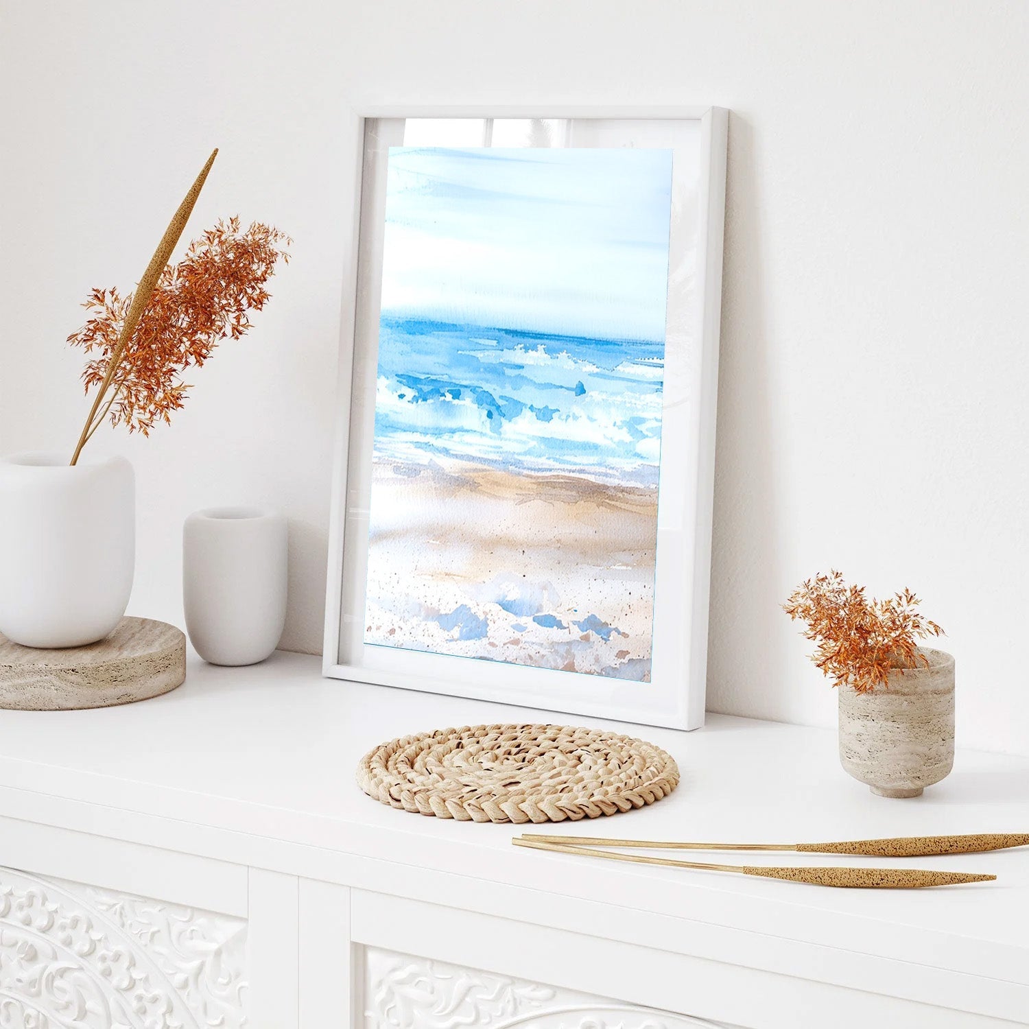 Whispering Shores, Minimal Beach Canvas Painting
