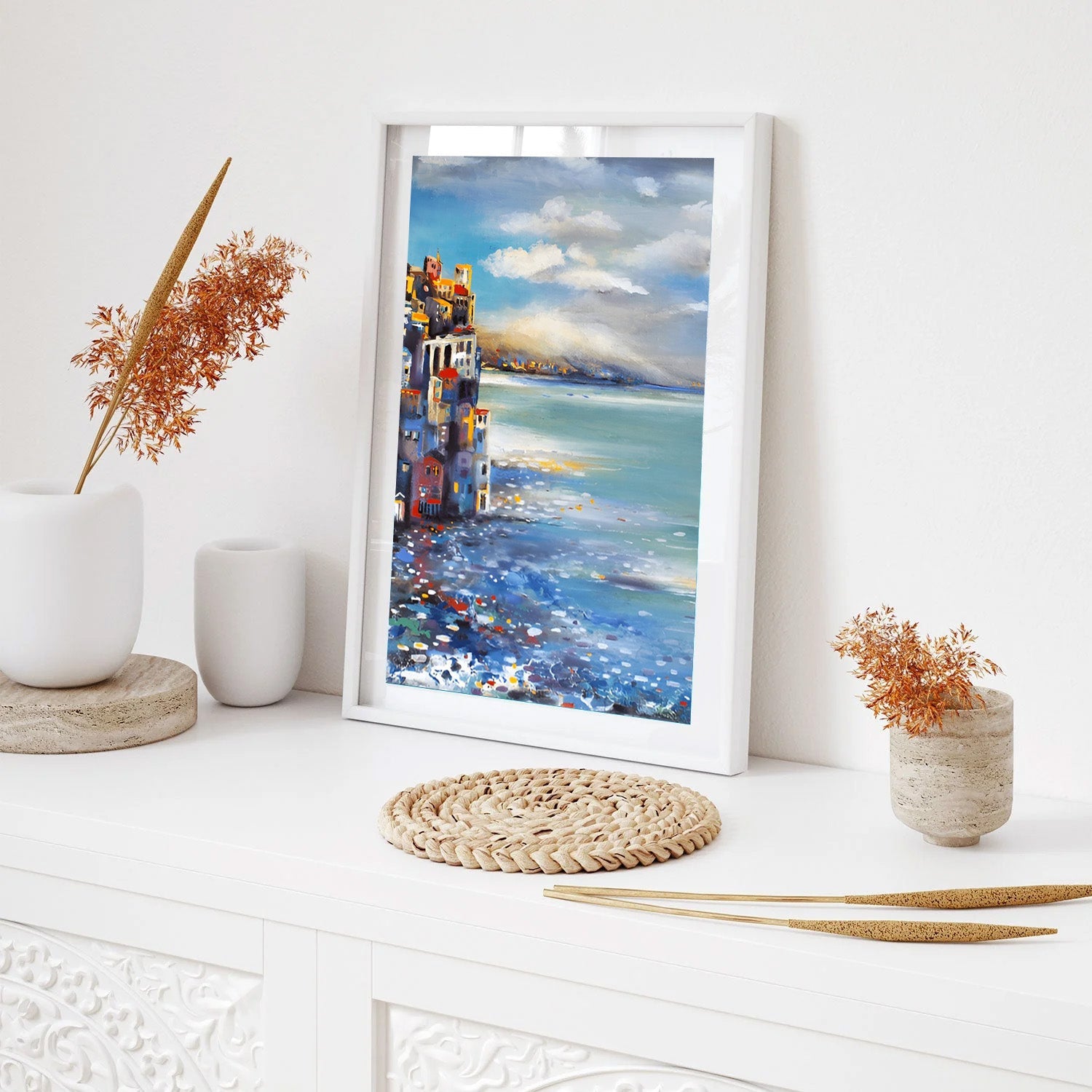 Harbor Reflections, Coastal Cityscape Canvas Painting