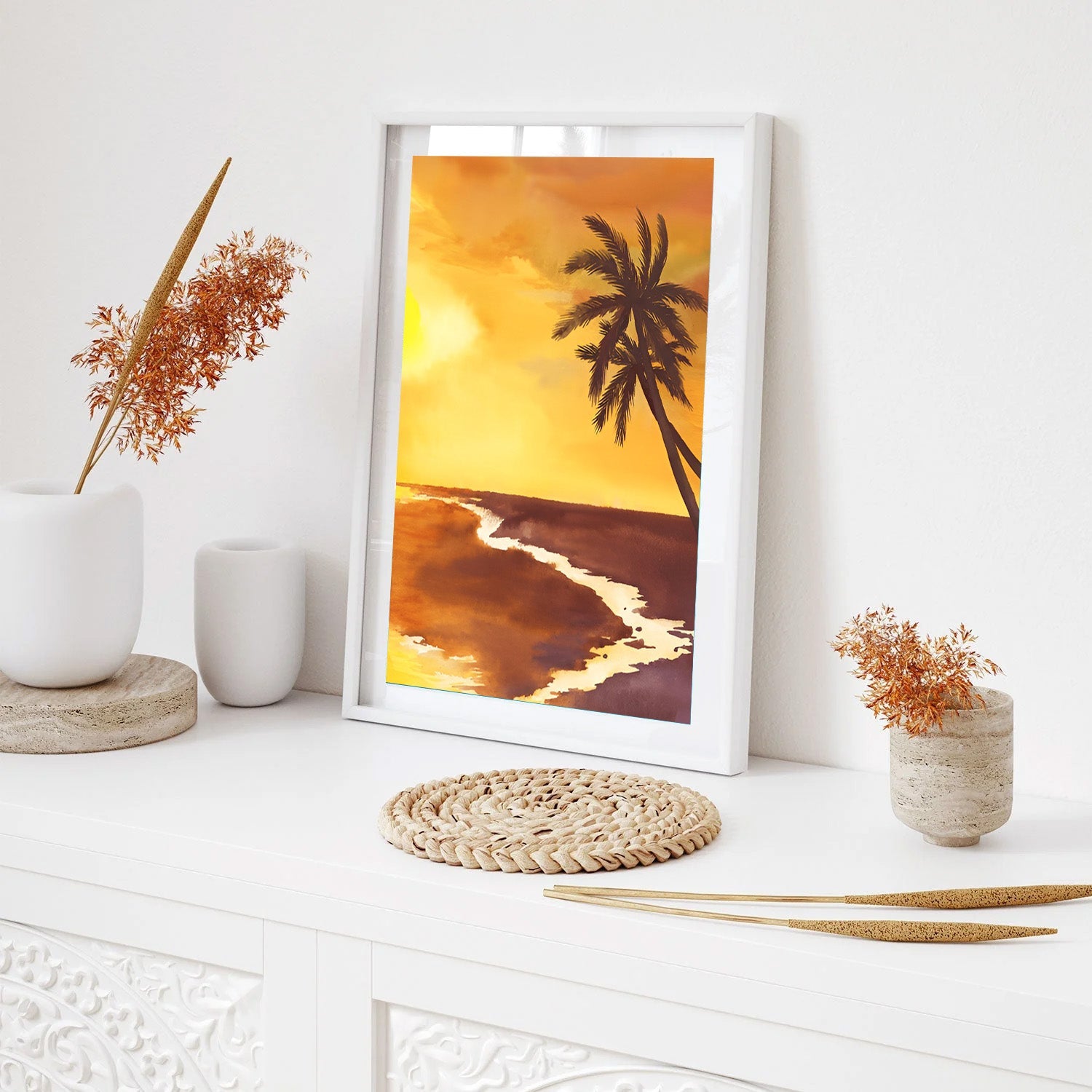 Golden Horizon, Tropical Sunset Canvas Painting