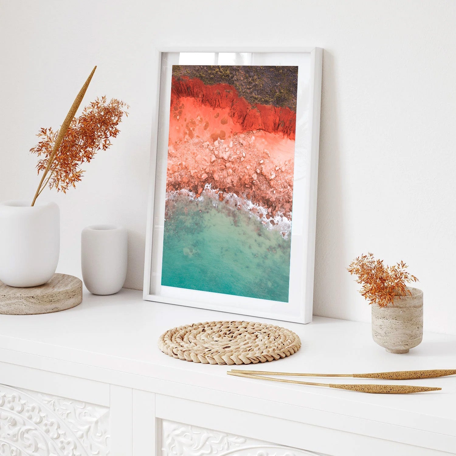 Crimson Coastline, Abstract Beach Canvas Painting