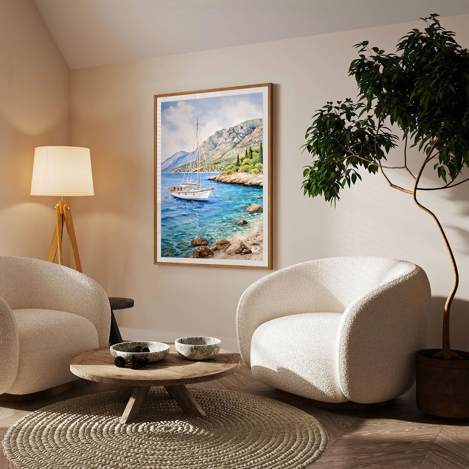 Anchored Stillness, Mediterranean Coastal Canvas Painting