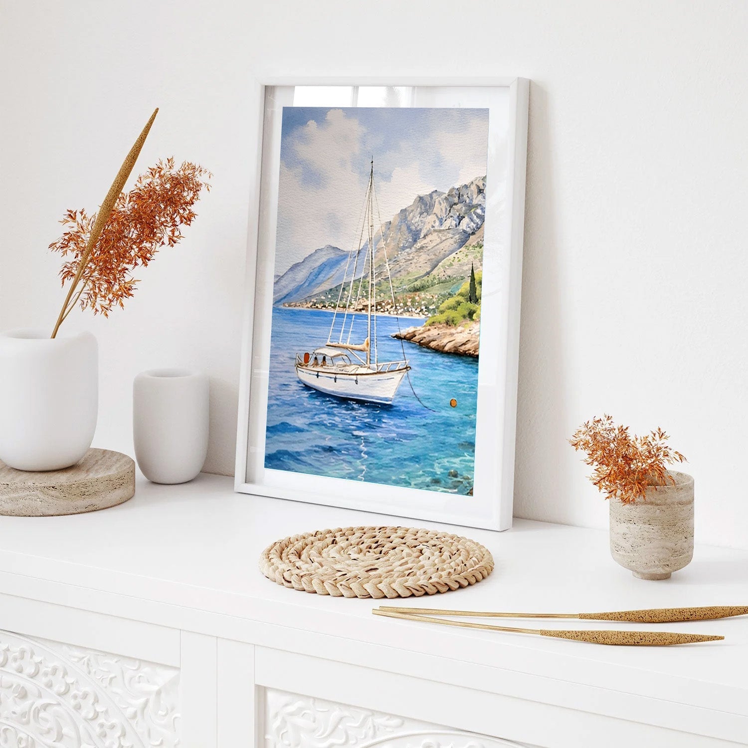 Anchored Stillness, Mediterranean Coastal Canvas Painting