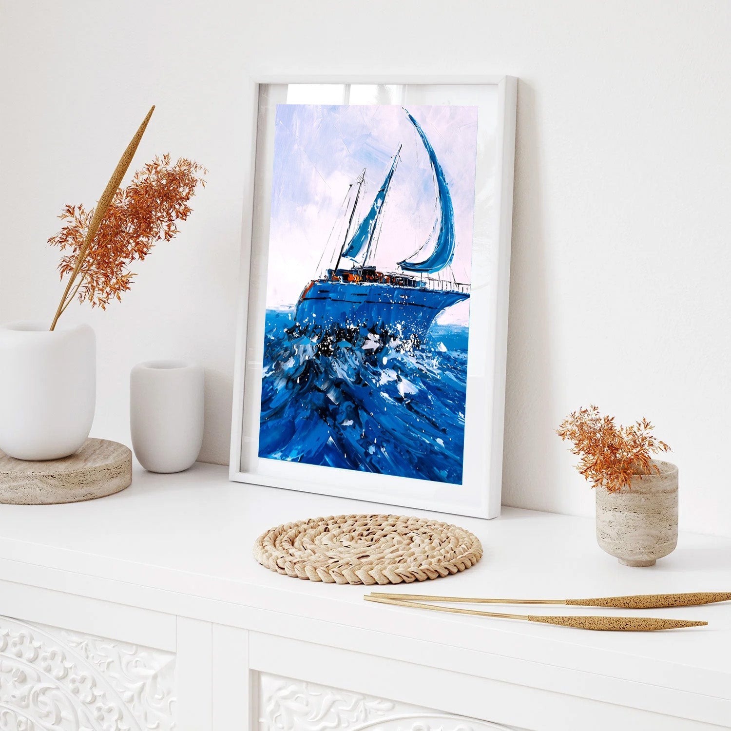 Blue Horizon Voyage, Expressive Sailboat Canvas Painting