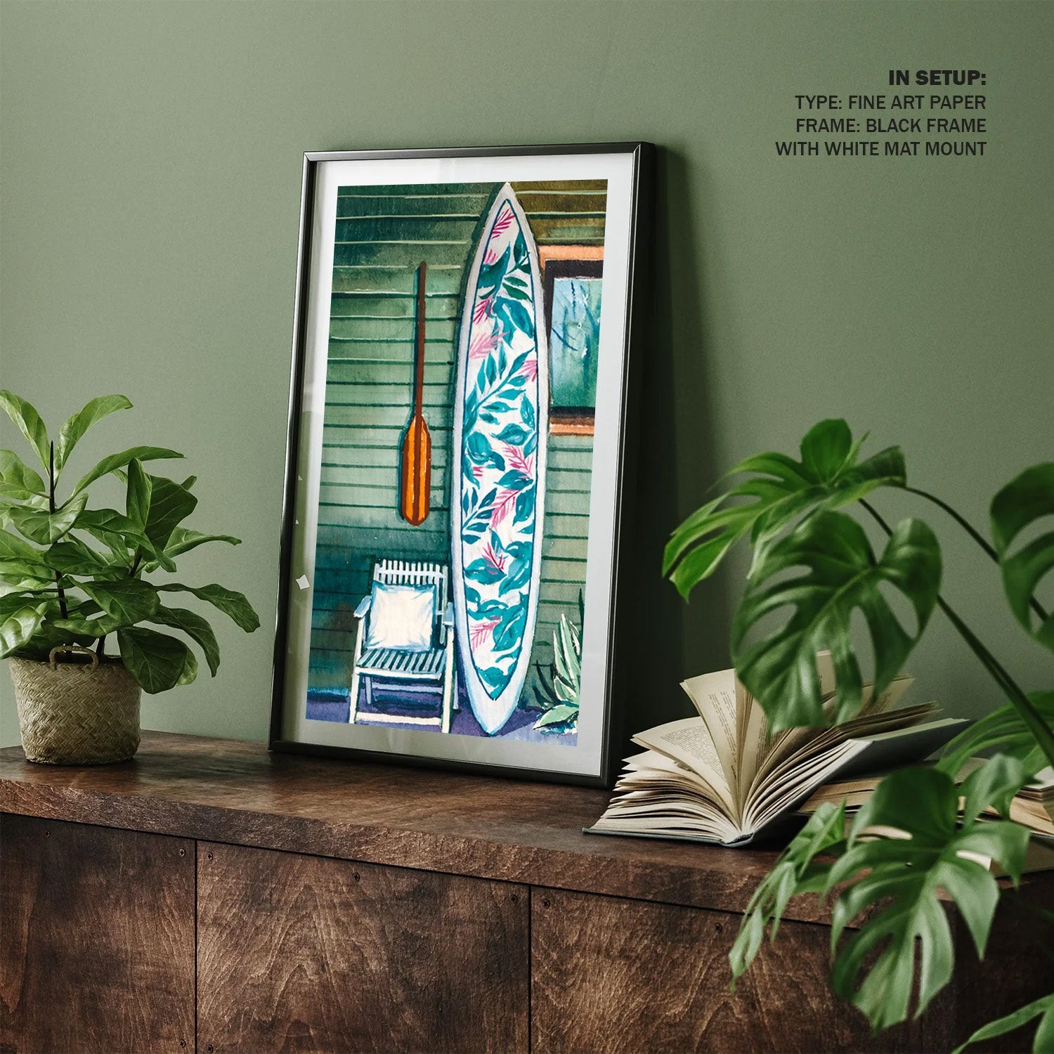 Tropical Rest, Coastal Surfboard Watercolor Art