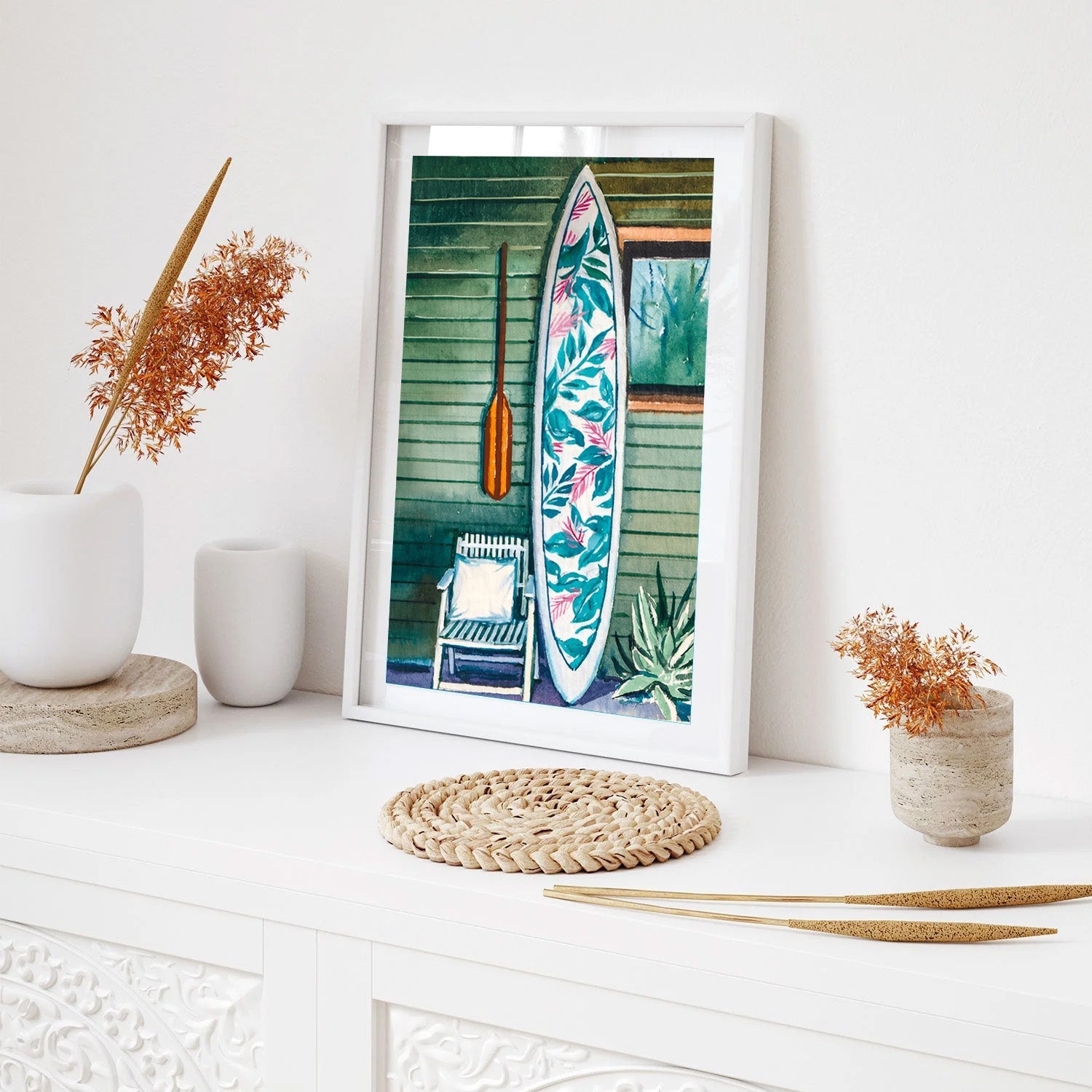 Tropical Rest, Coastal Surfboard Watercolor Art