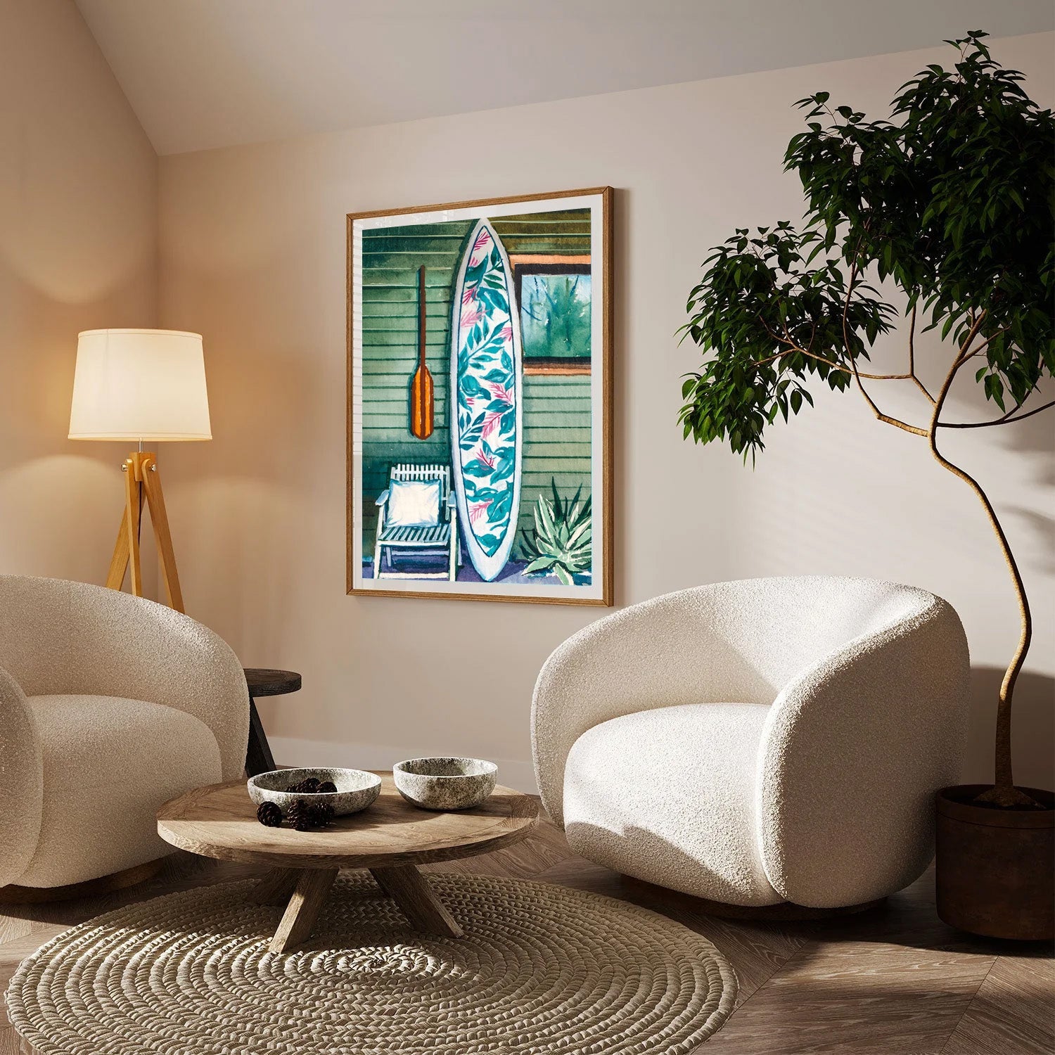 Tropical Rest, Coastal Surfboard Watercolor Art
