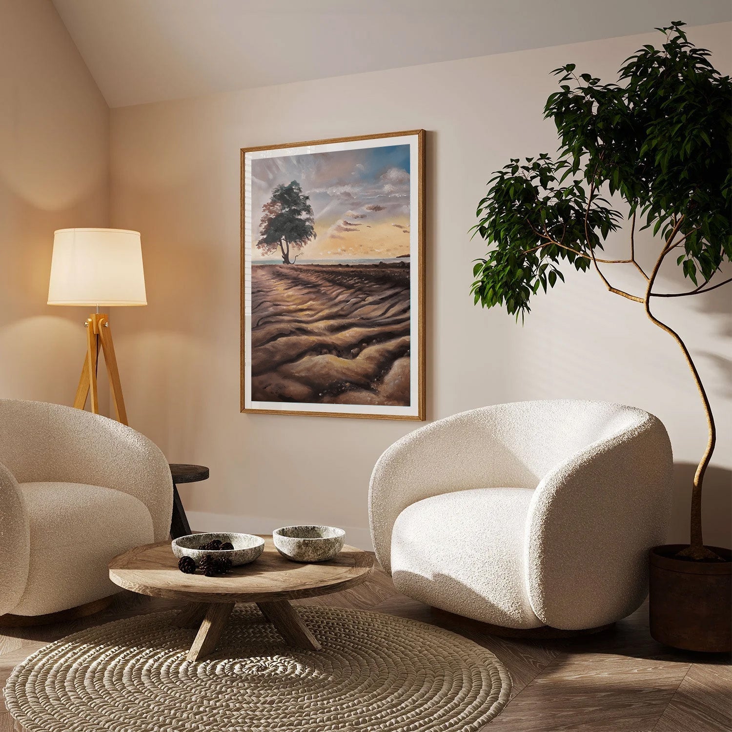 Solitary Shore, Golden Dusk Landscape Painting