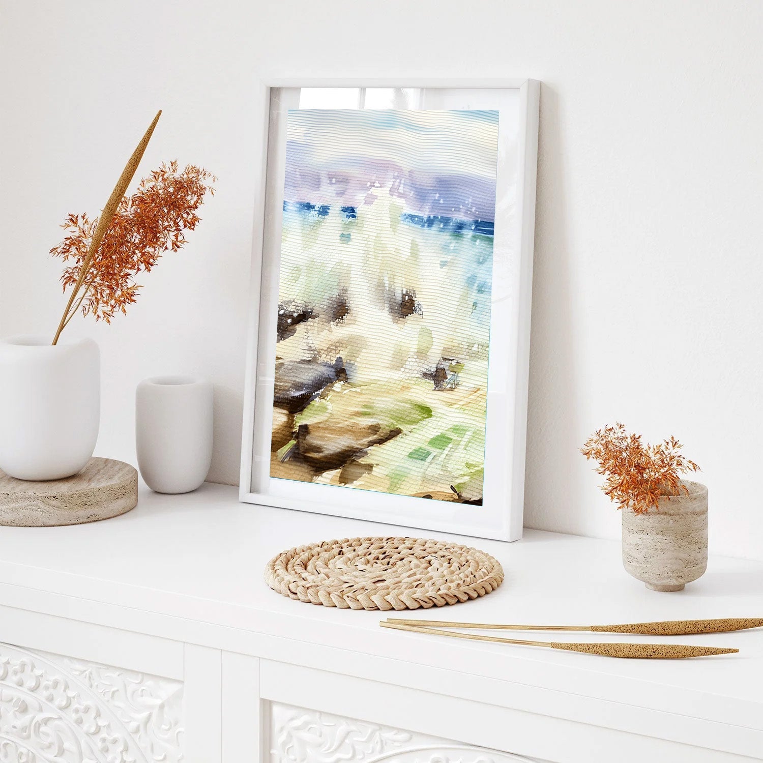 Misty Shoreline, Abstract Coastal Canvas Painting