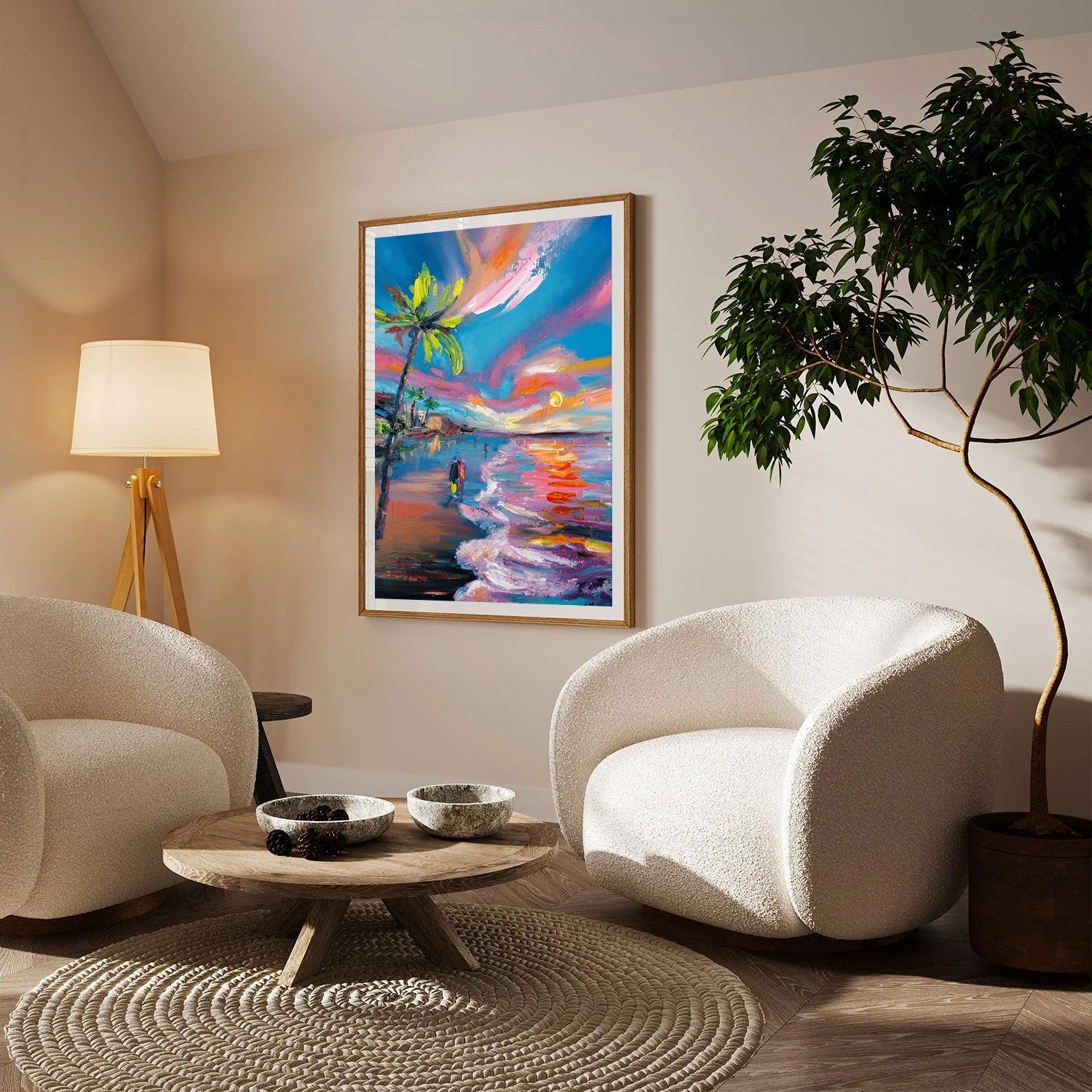 Sunset Serenade, Vibrant Beach Canvas Painting