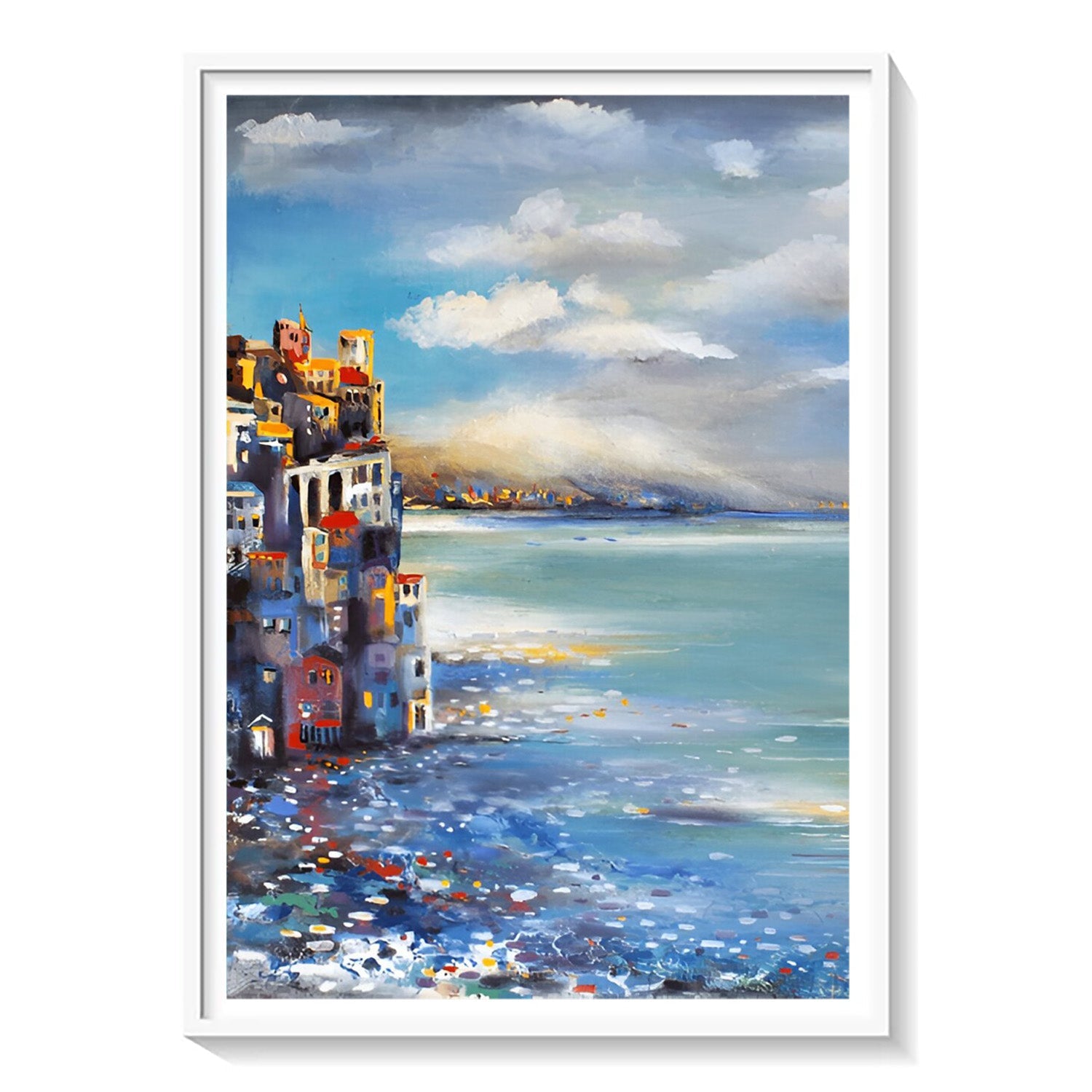 Harbor Reflections, Coastal Cityscape Canvas Painting