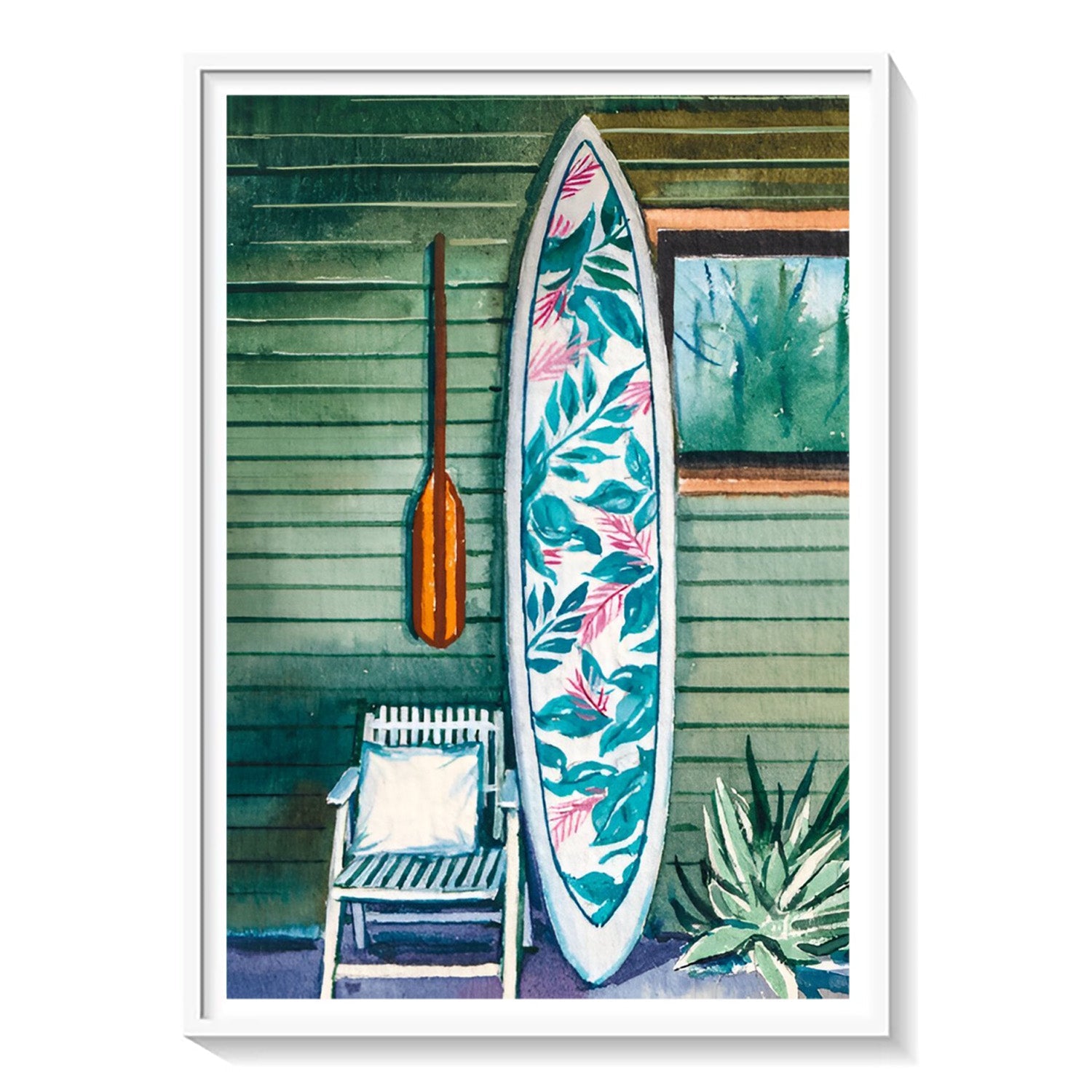 Tropical Rest, Coastal Surfboard Watercolor Art
