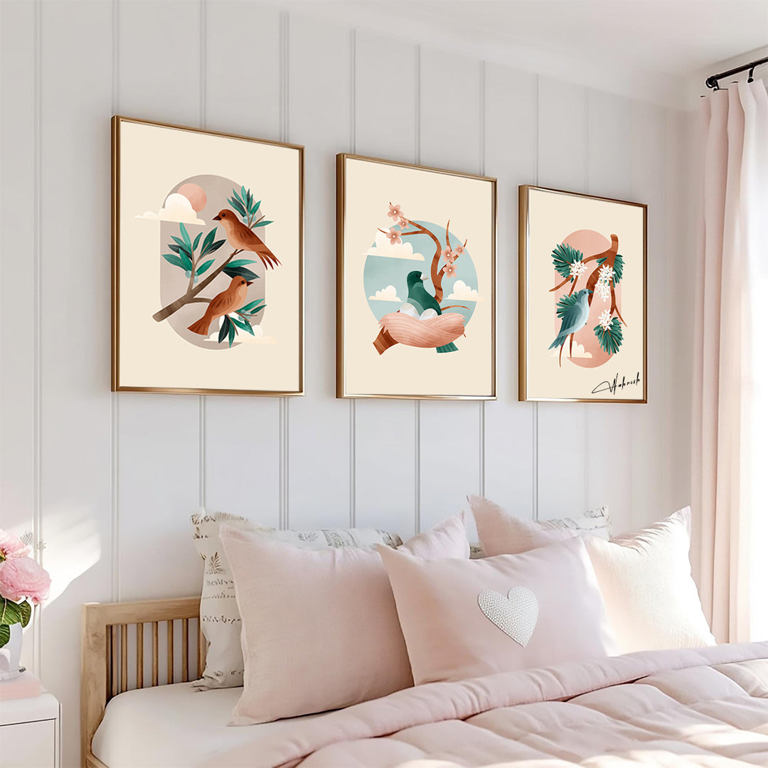Bird and botanical wall art set with pastel backgrounds

