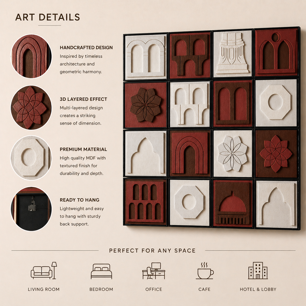 Handmade 3D Wall Art Panel Set of 16 Pieces ( Mughal & Islamic Motifs )