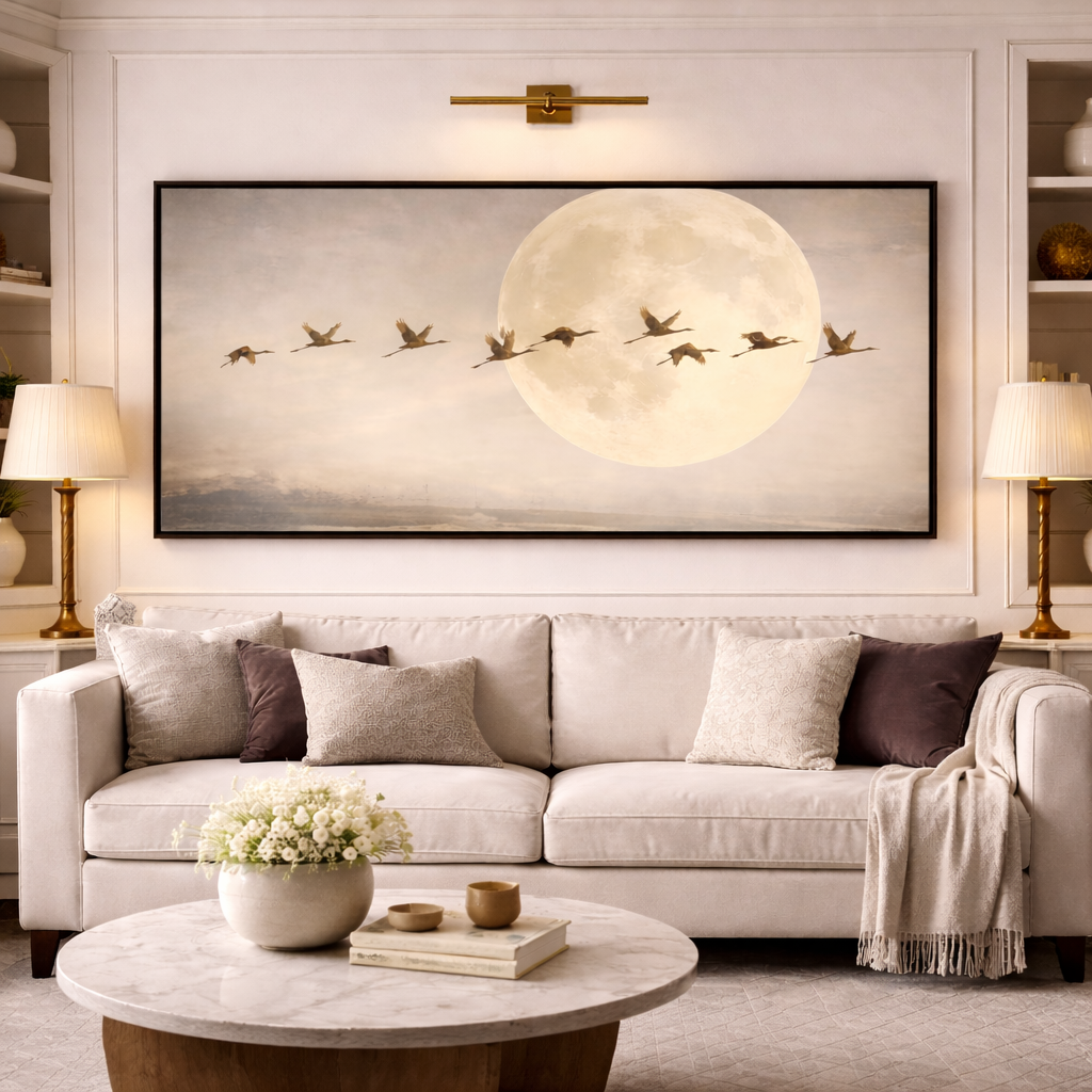 Moon Birds Landscape Canvas Painting