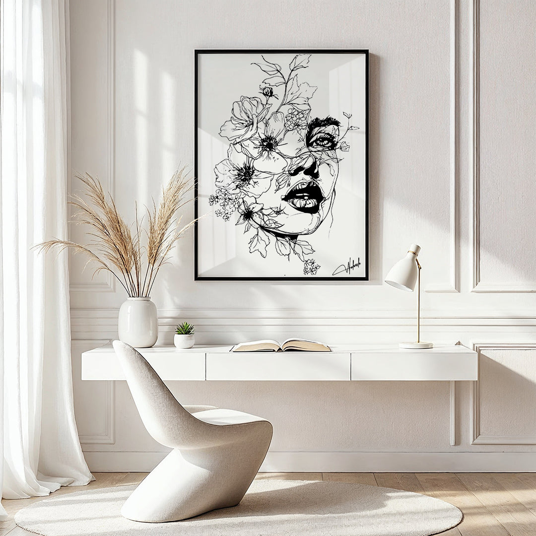 Abstract floral line art of a woman's face with blooming flowers on matte canvas

