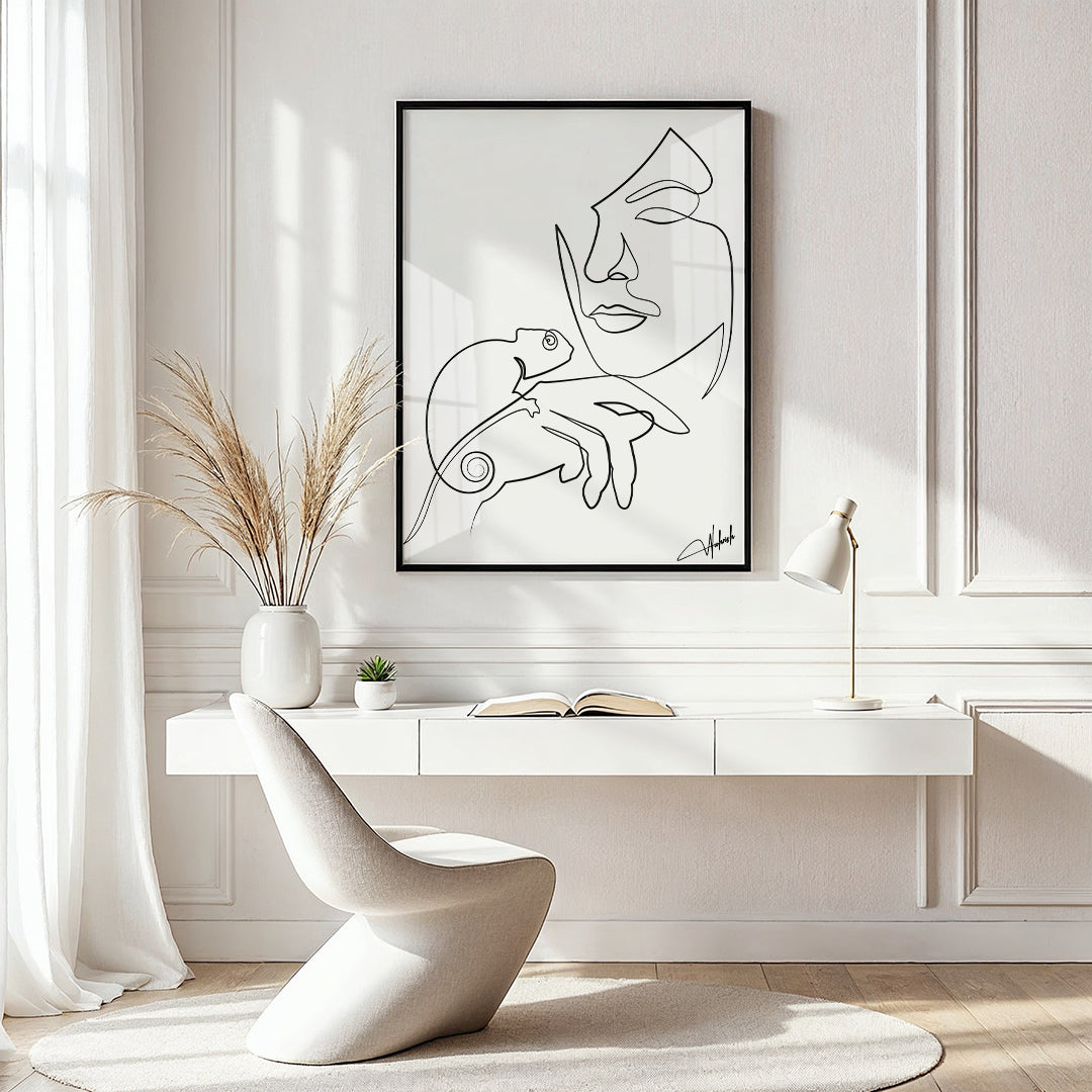 Abstract floral line art of a woman’s face with blooming flowers on canvas in modern room setting

