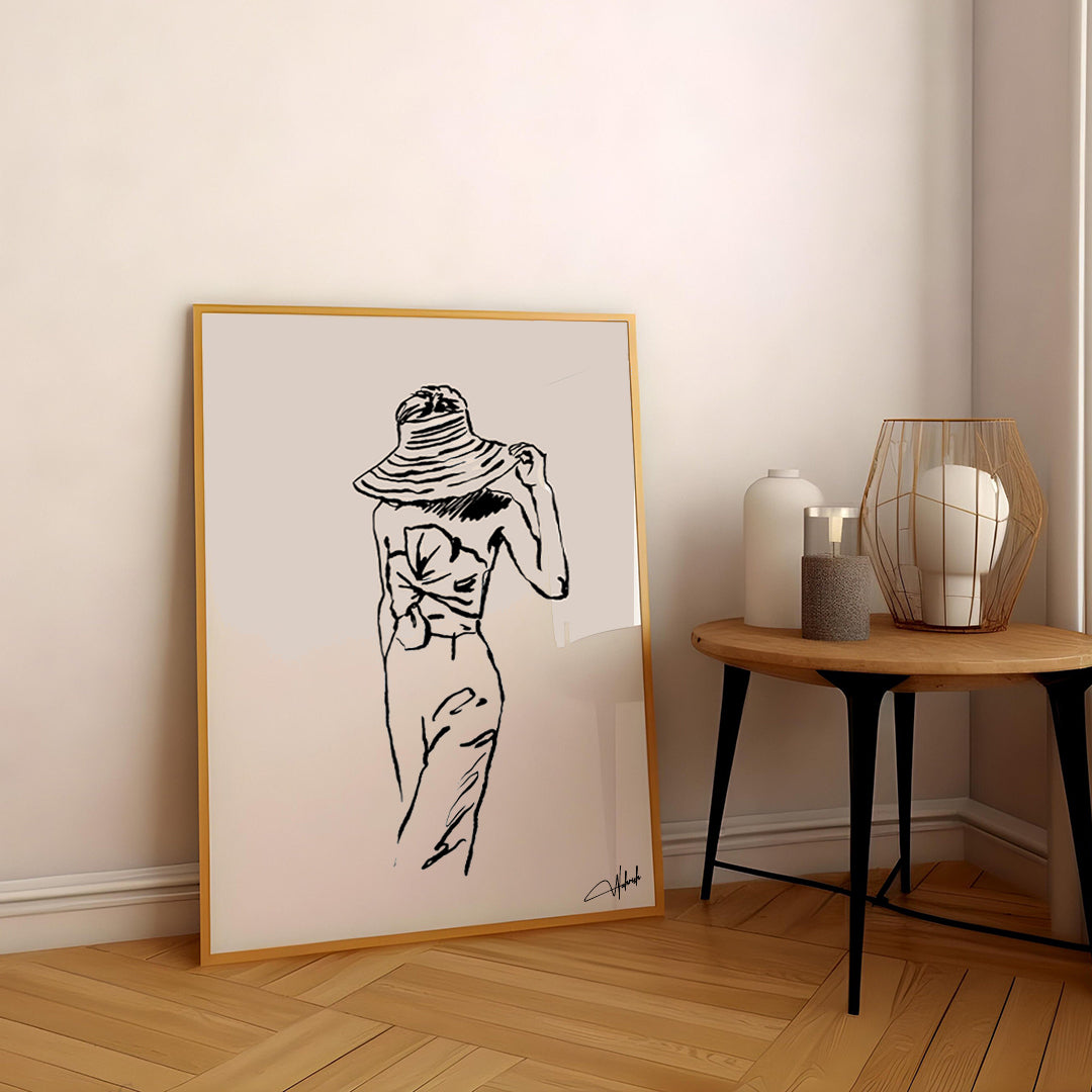 Line art of a woman gazing at a dragonfly with mountains and foliage in the background on canvas

