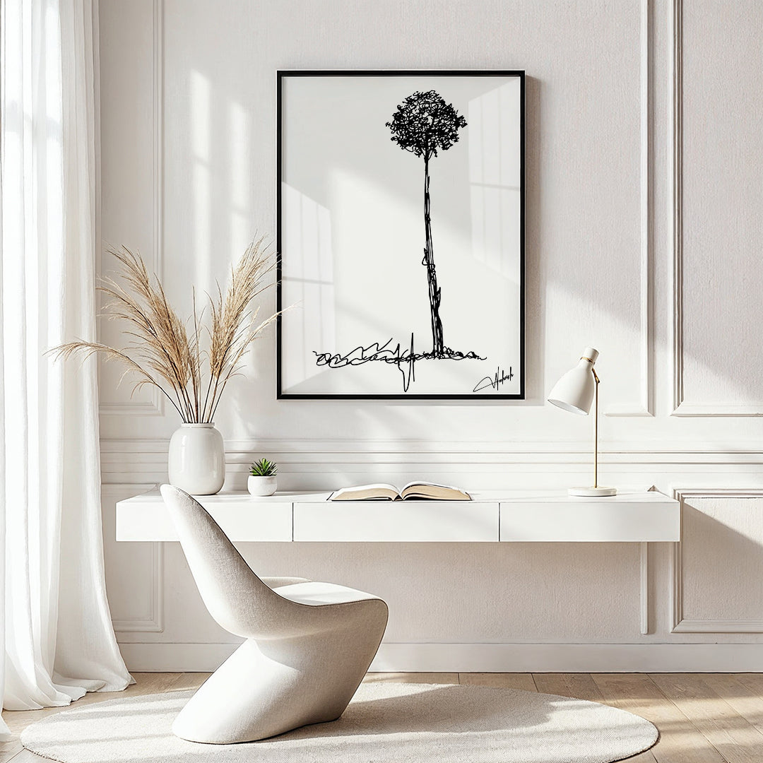 Minimal black line tree artwork framed on wall in modern white home office


