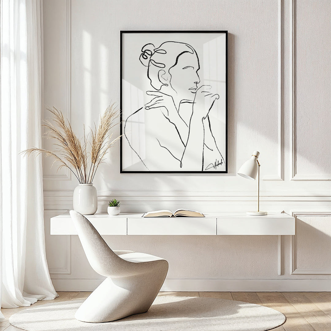 Minimalist line art of a woman in profile
Minimalist line art of a woman in profile, black lines on white matte canvas, framed wall art for modern home or office interiors

