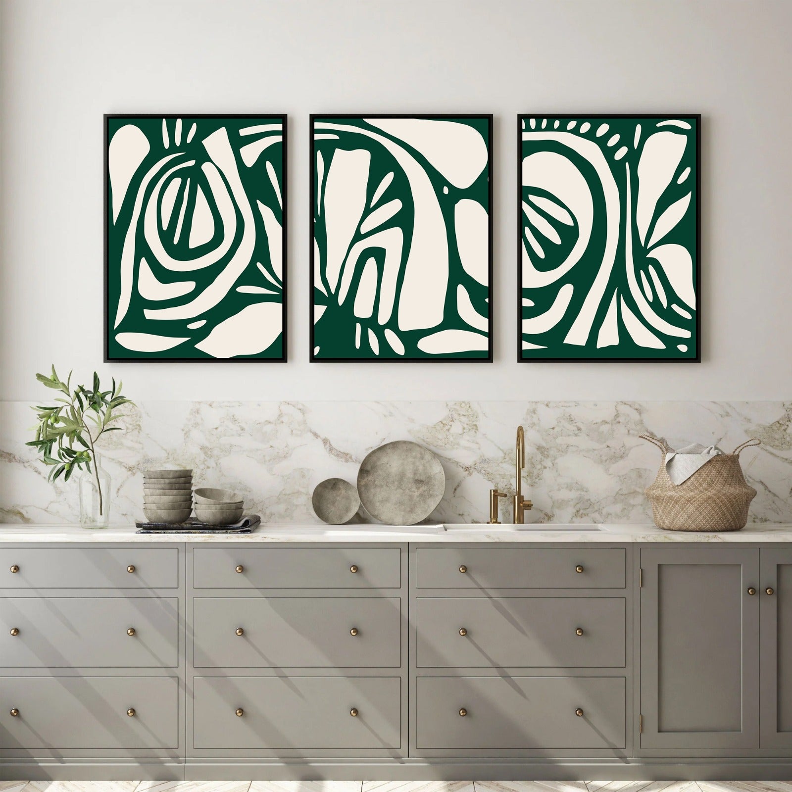 Green Abstract Line Art Canvas – Set of 3 (Triptych)