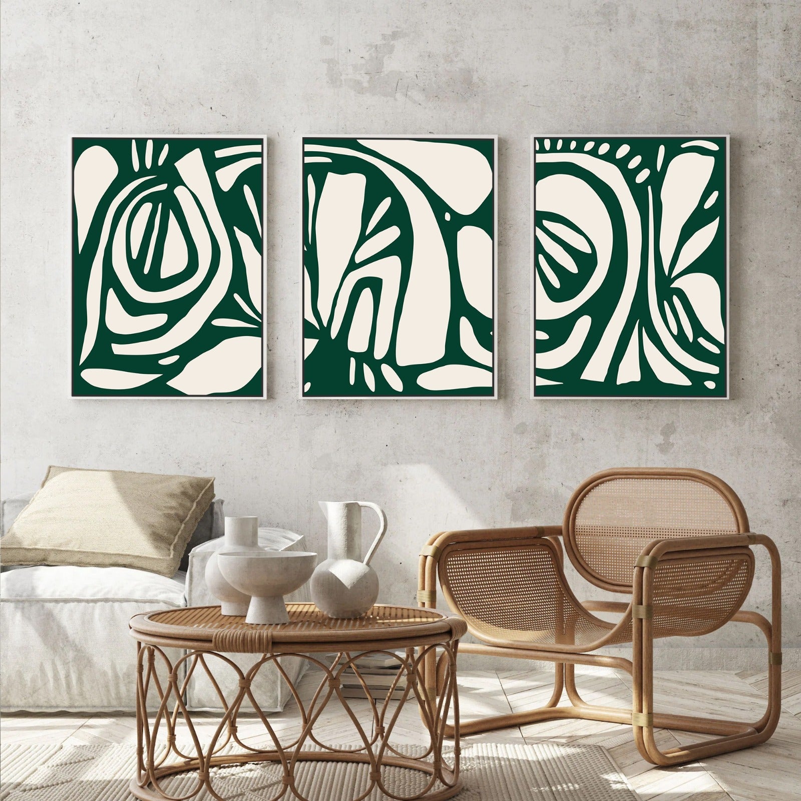 Green Abstract Line Art Canvas – Set of 3 (Triptych)