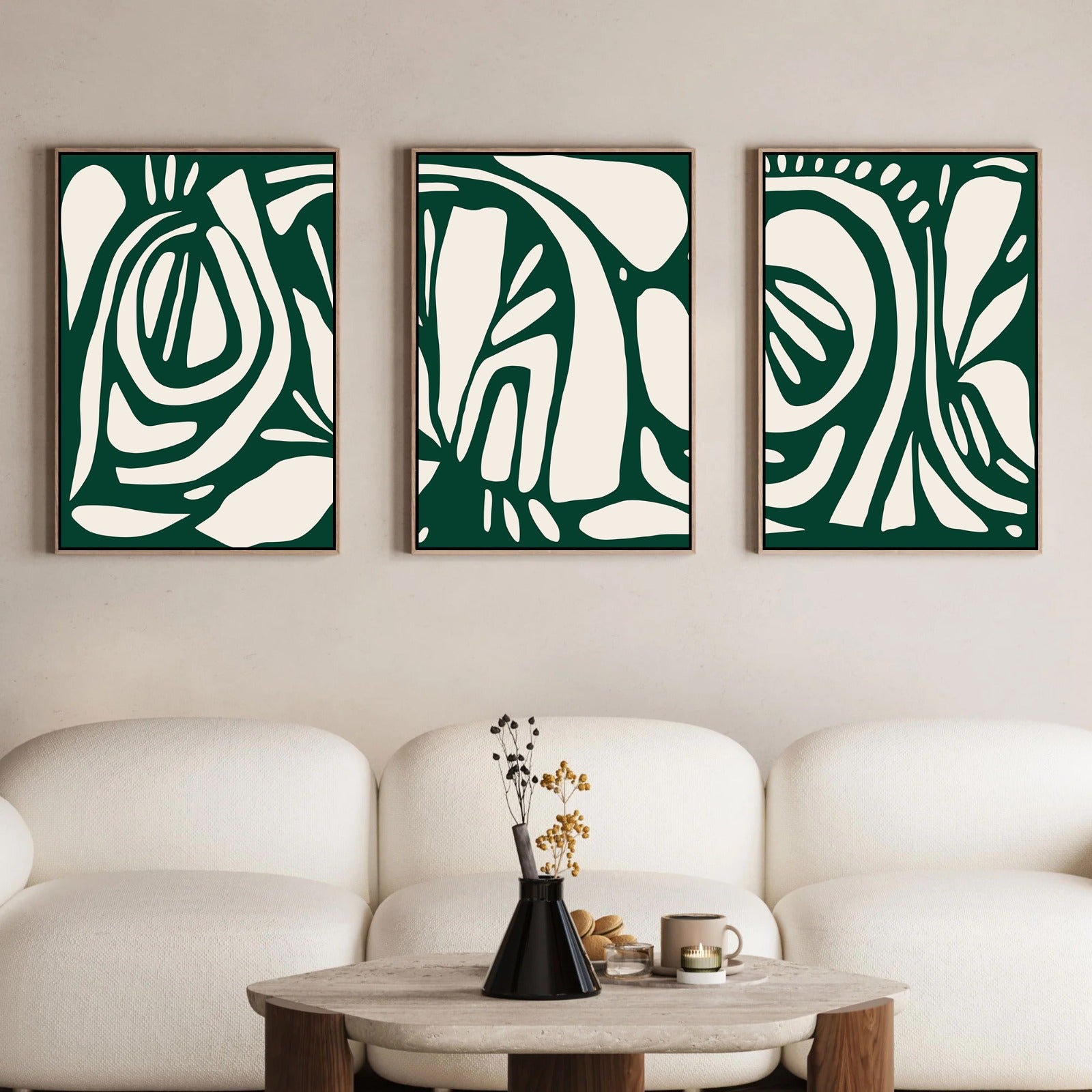 Green Abstract Line Art Canvas – Set of 3 (Triptych)